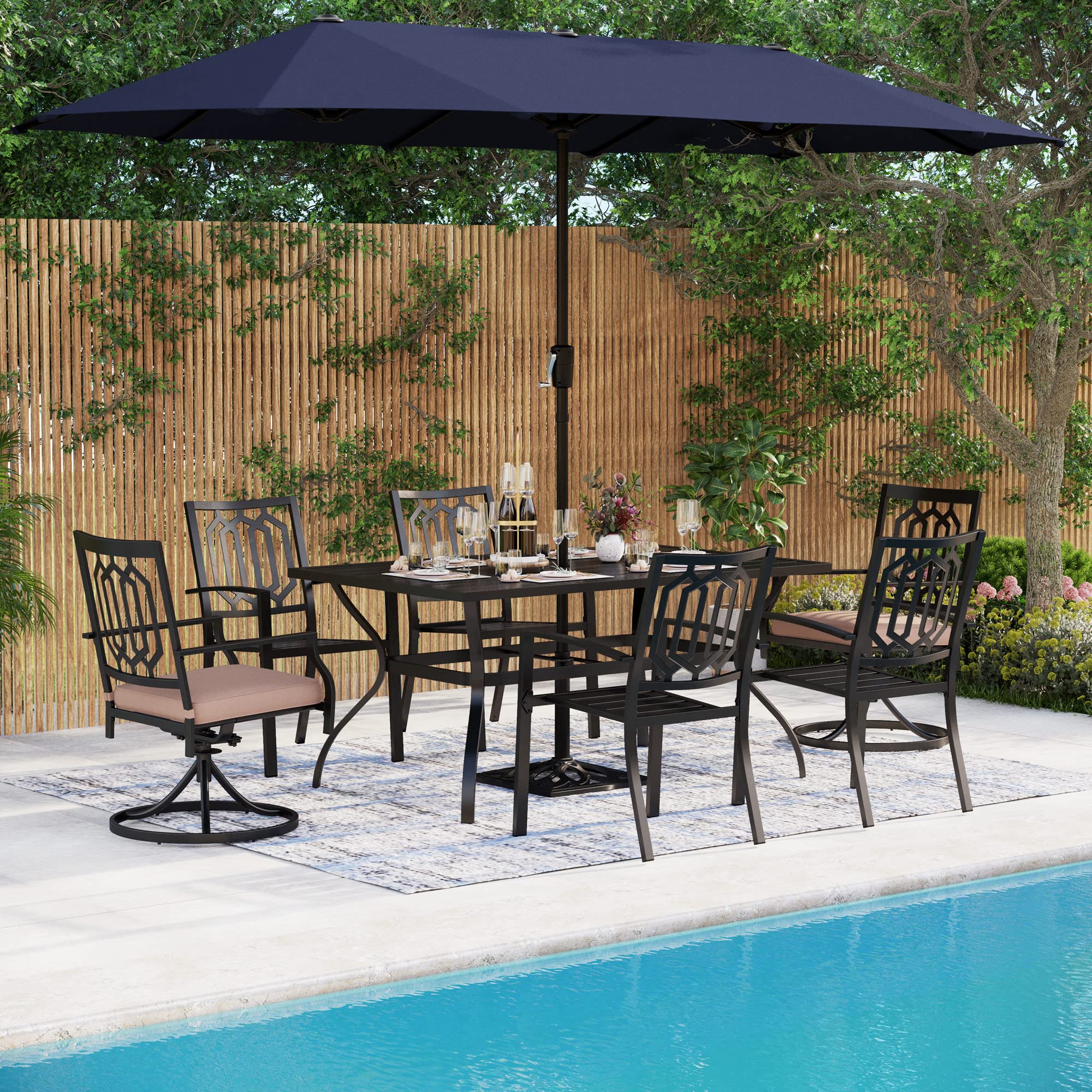MFSTUDIO 8-Piece Outdoor Patio Dining Set with 4 Stackable Chairs, 2 Swivel Chairs, Steel Frame Table & 13ft Navy Blue Umbrella (Base Not Included) - Perfect for Backyard BBQs, Poolside Gatherings & Garden Parties