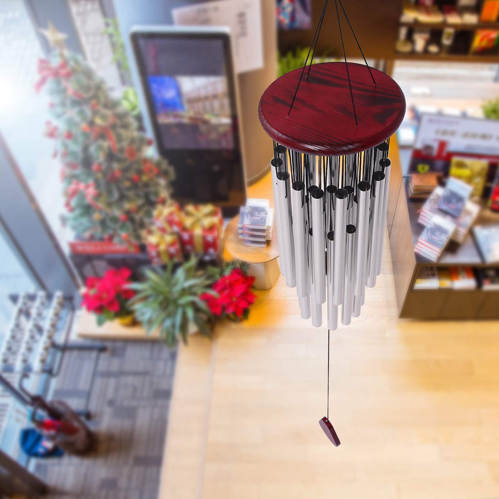 Large 27-Tube Silver Wind Chimes for Outdoor Garden Decor - Church Bells Style with Red Wood Base | Perfect for Patio, Porch & Backyard Relaxation