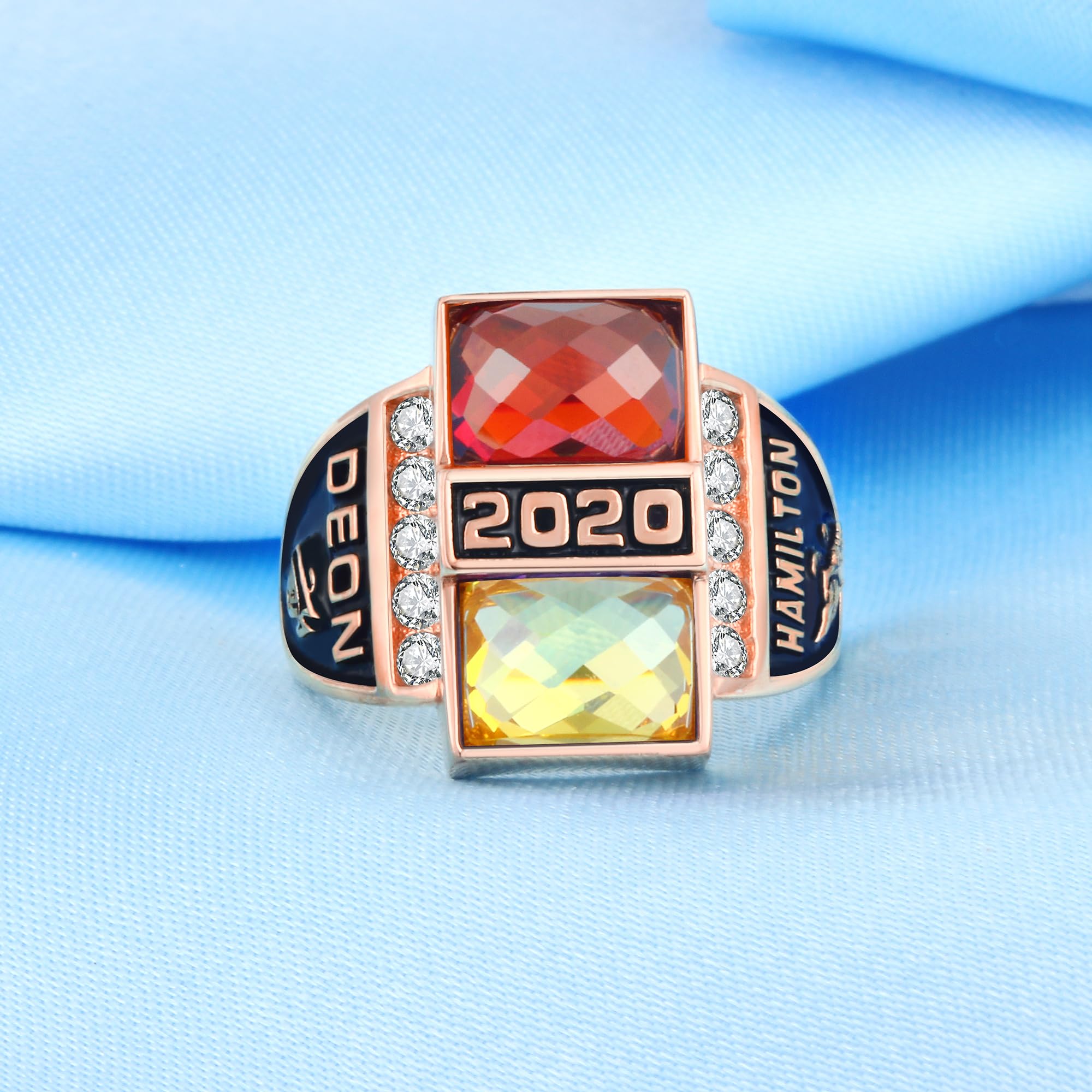 Custom Personalized Class Rings for Men - 925 Sterling Silver with Two Birthstones & Gold Plated - High School Graduation Rings Size 5-15 - Perfect for Graduation Gifts, Alumni Events & Special Occasions