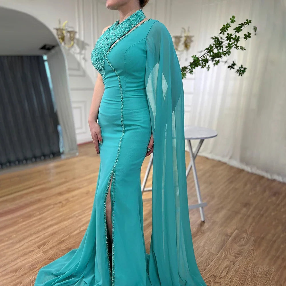 Elegant Turquoise Green Chiffon Evening Dress with Cape Sleeves - Dubai Style LA72101 for Women's Party & Formal Events