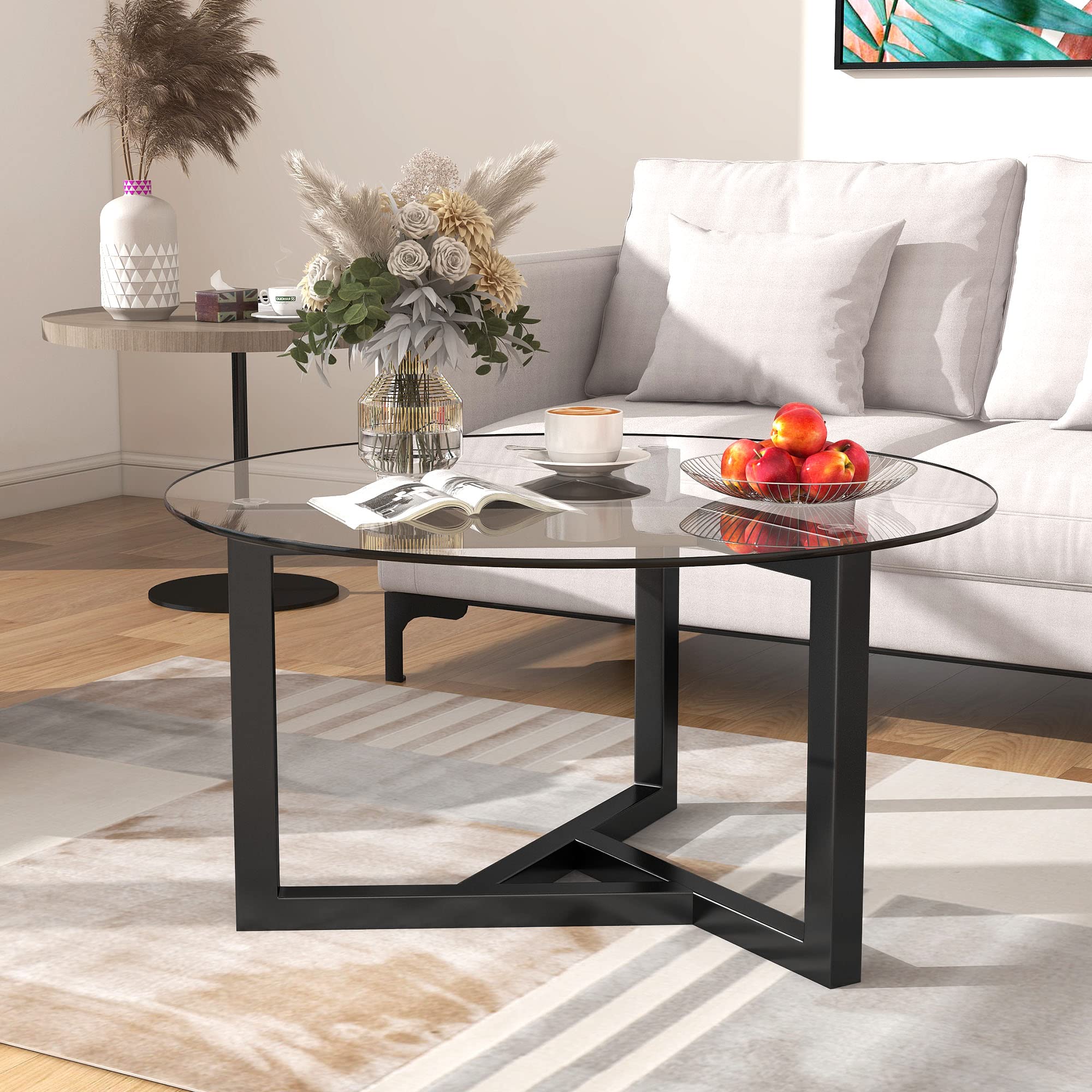 Round Glass Coffee Table for Living Room - Tempered Glass Top & Sturdy Wood Base Cocktail Sofa Table - Modern Black Center Table for Lounge, Home Decor & Entertainment Areas