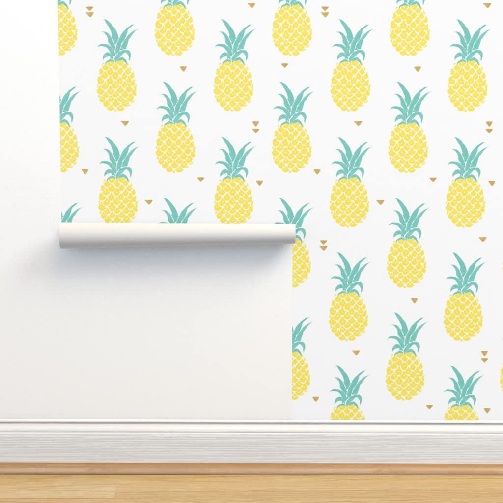 Peel & Stick Removable Wallpaper - Tropical Pineapple Watercolor Design | Small Scale Summer Fruit Pattern | Custom Wall Decal for Kitchen, Bathroom & Nursery Decor by Spoonflower