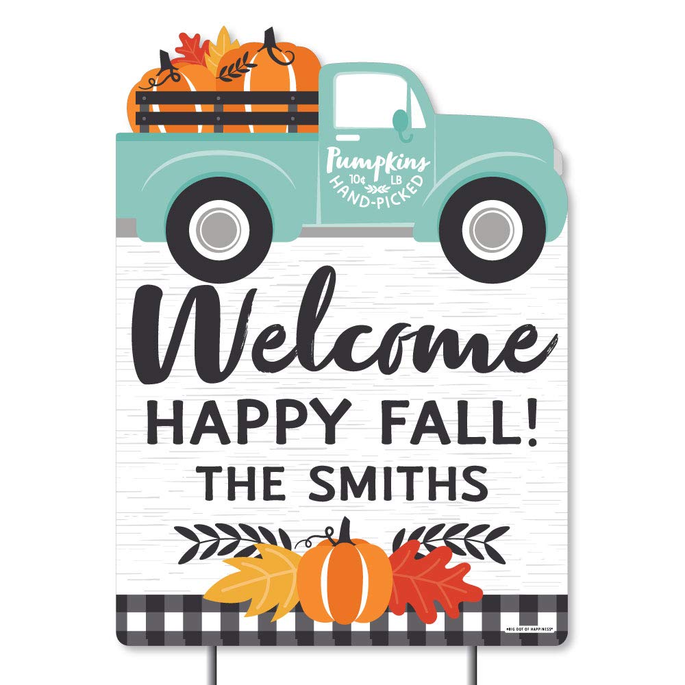 Personalized Happy Fall Truck Sign - Custom Harvest Pumpkin Welcome Yard Decor for Autumn Parties, Thanksgiving & Halloween - Outdoor Seasonal Home Decorations