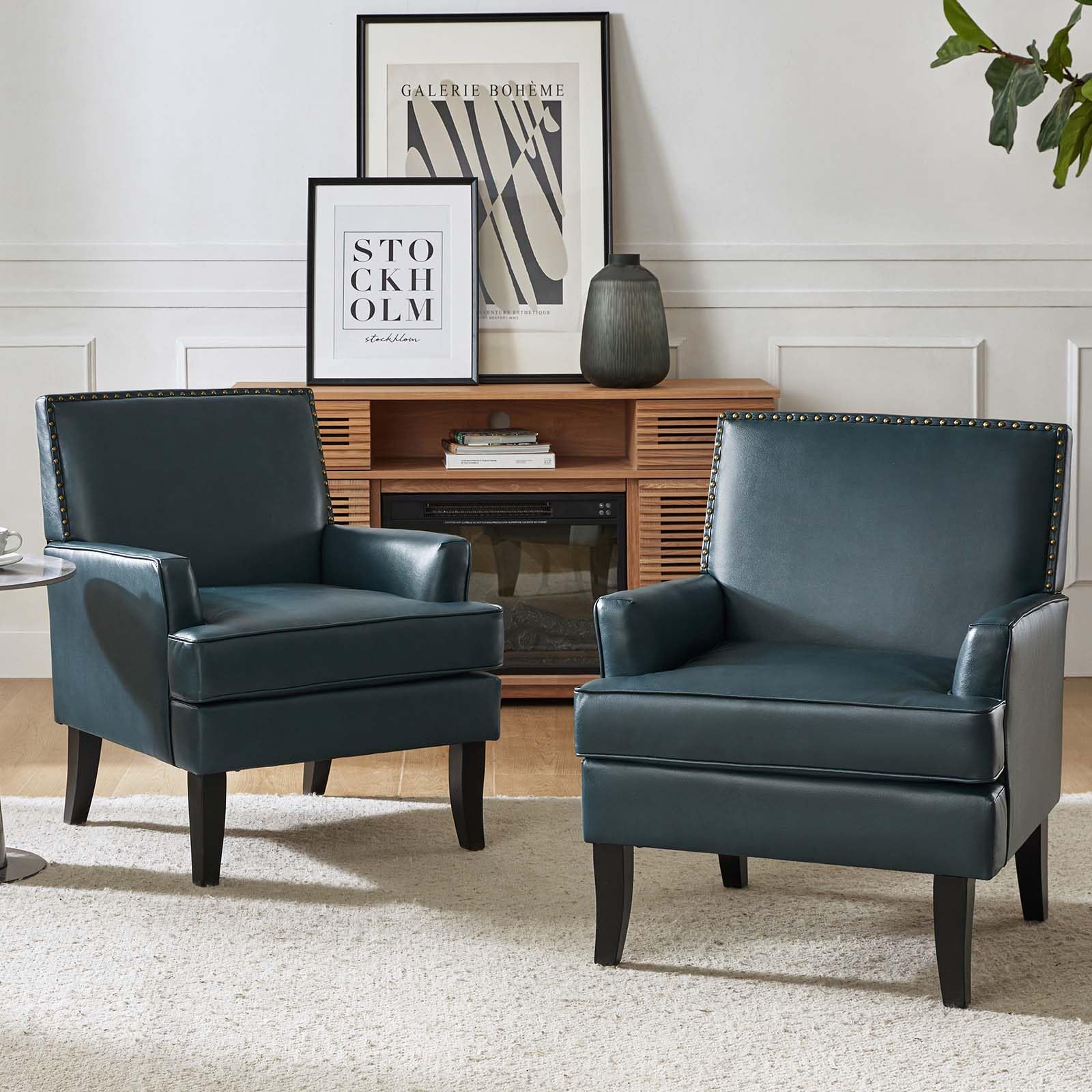 HULALA HOME Modern Faux Leather Accent Chairs Set of 2 - Upholstered Living Room Sofa Chairs with Nailhead Trim & Wooden Legs, Turquoise Blue - Perfect for Bedroom, Lounge, Office or Reading Nook