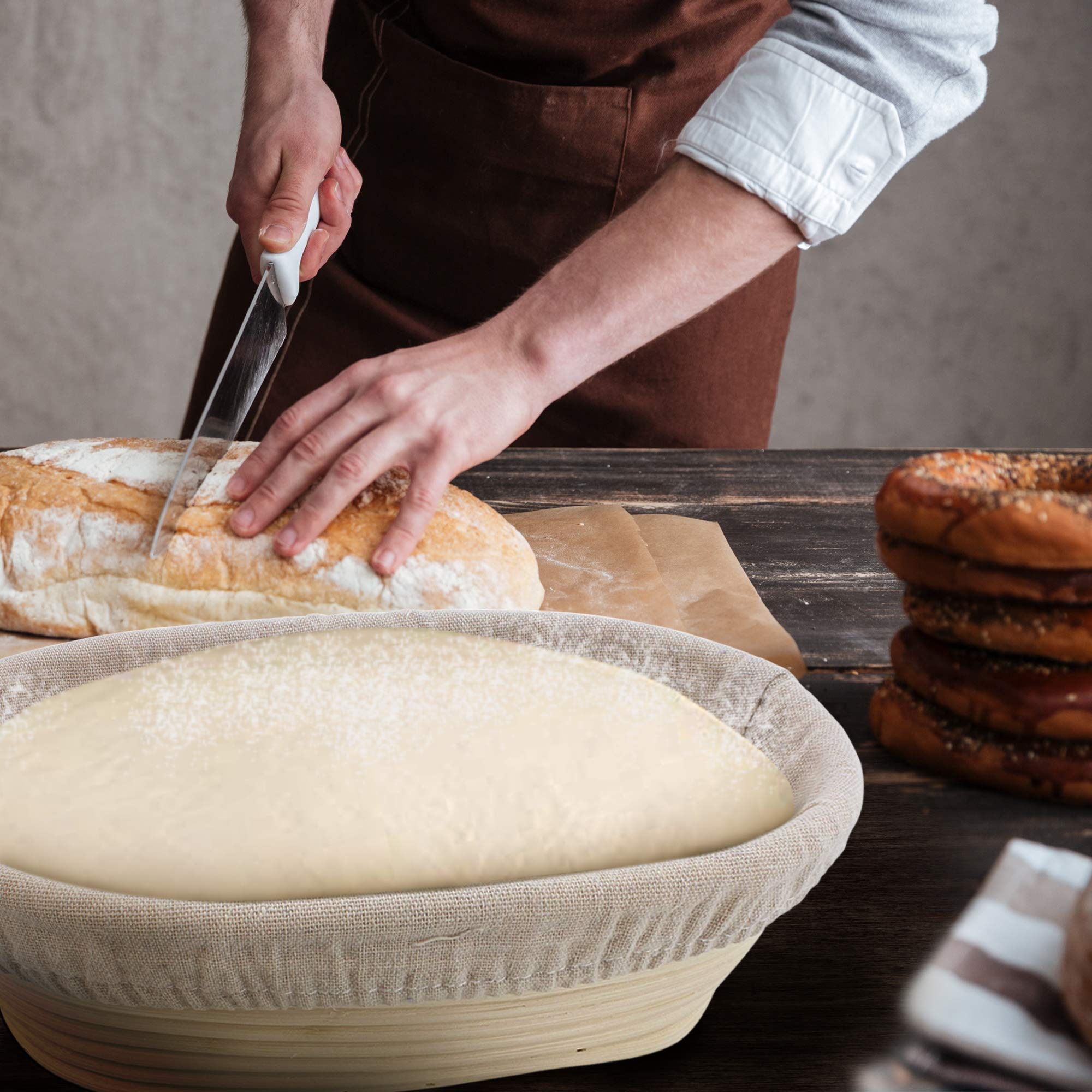 2 Pack 10 Inch Oval Bread Proofing Basket for Sourdough Bread Baking - Banneton Dough Rising Basket with Linen Liner, Bread Lame with 5 Blades & Dough Scraper - Perfect for Artisan Bread Making at Home