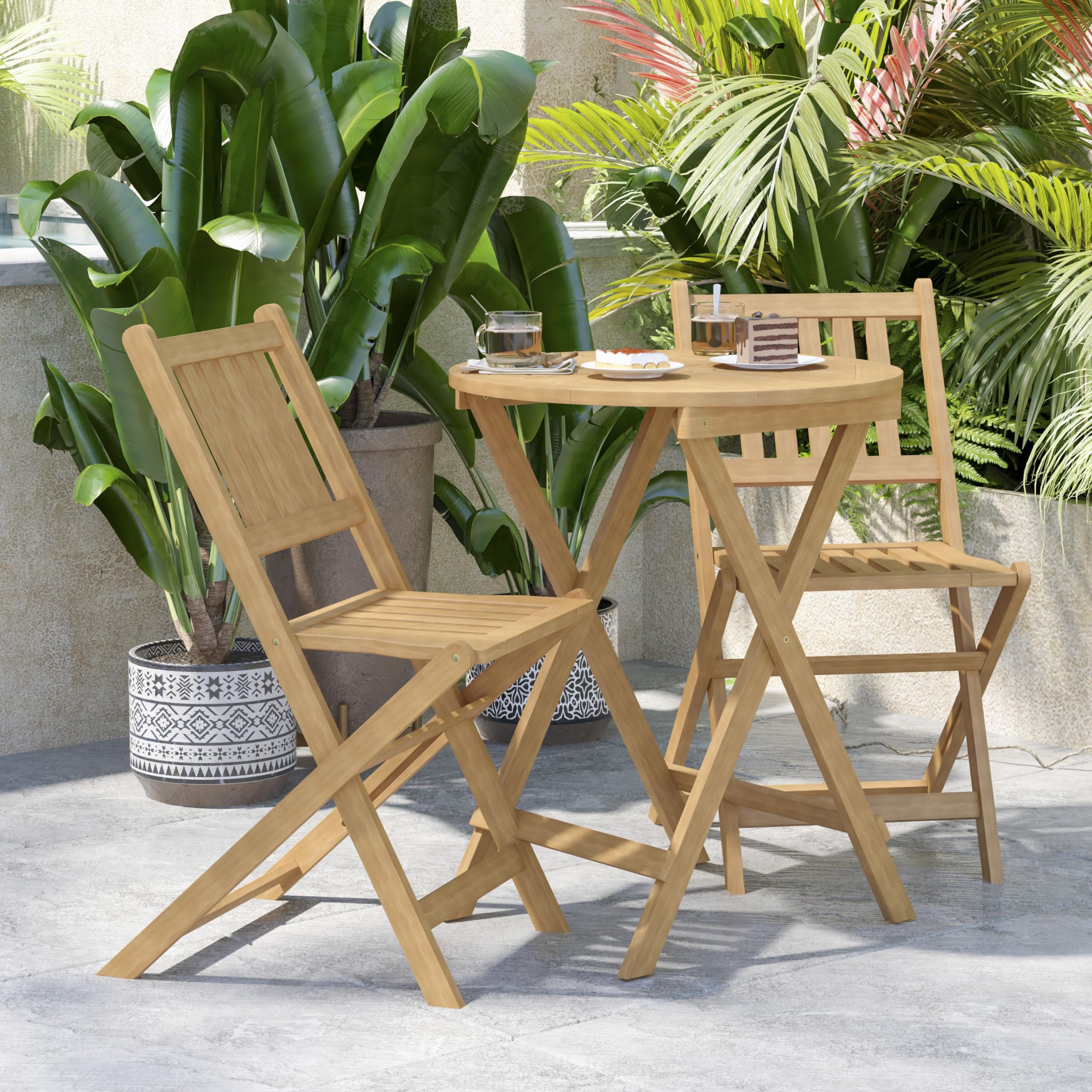 3 Piece Folding Patio Bistro Set - Natural Acacia Wood Round Table with 2 Chairs - Indoor/Outdoor Furniture for Garden, Balcony & Backyard - Slatted Tabletop & Seating - Perfect for Coffee, Dining & Relaxing