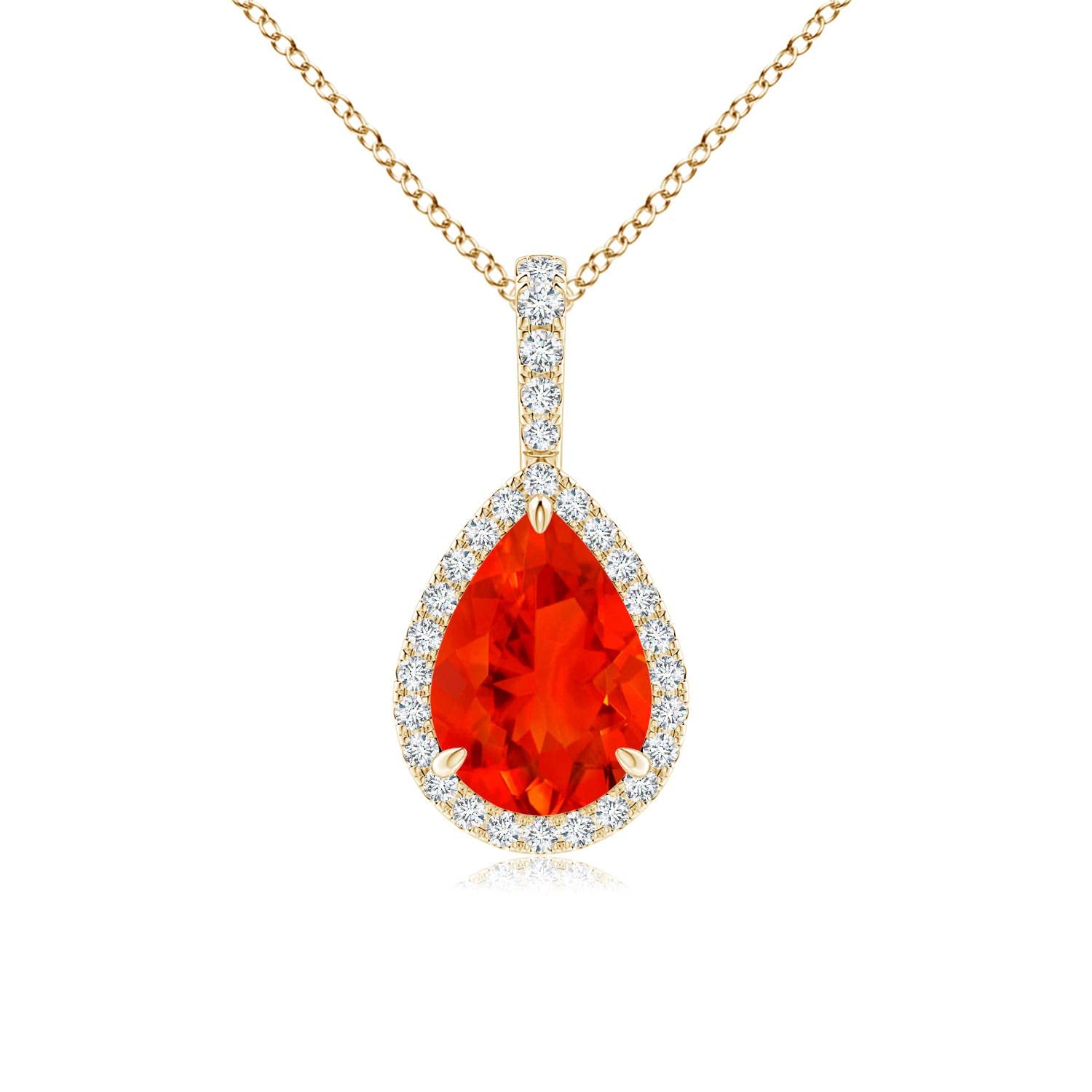 Angara Natural Fire Opal Halo Solitaire Pendant Necklace for Women - 14K Solid Gold/Platinum | October Birthstone Jewelry | Elegant Gift for Her, Birthday, Anniversary | Perfect for Weddings, Date Nights & Special Occasions