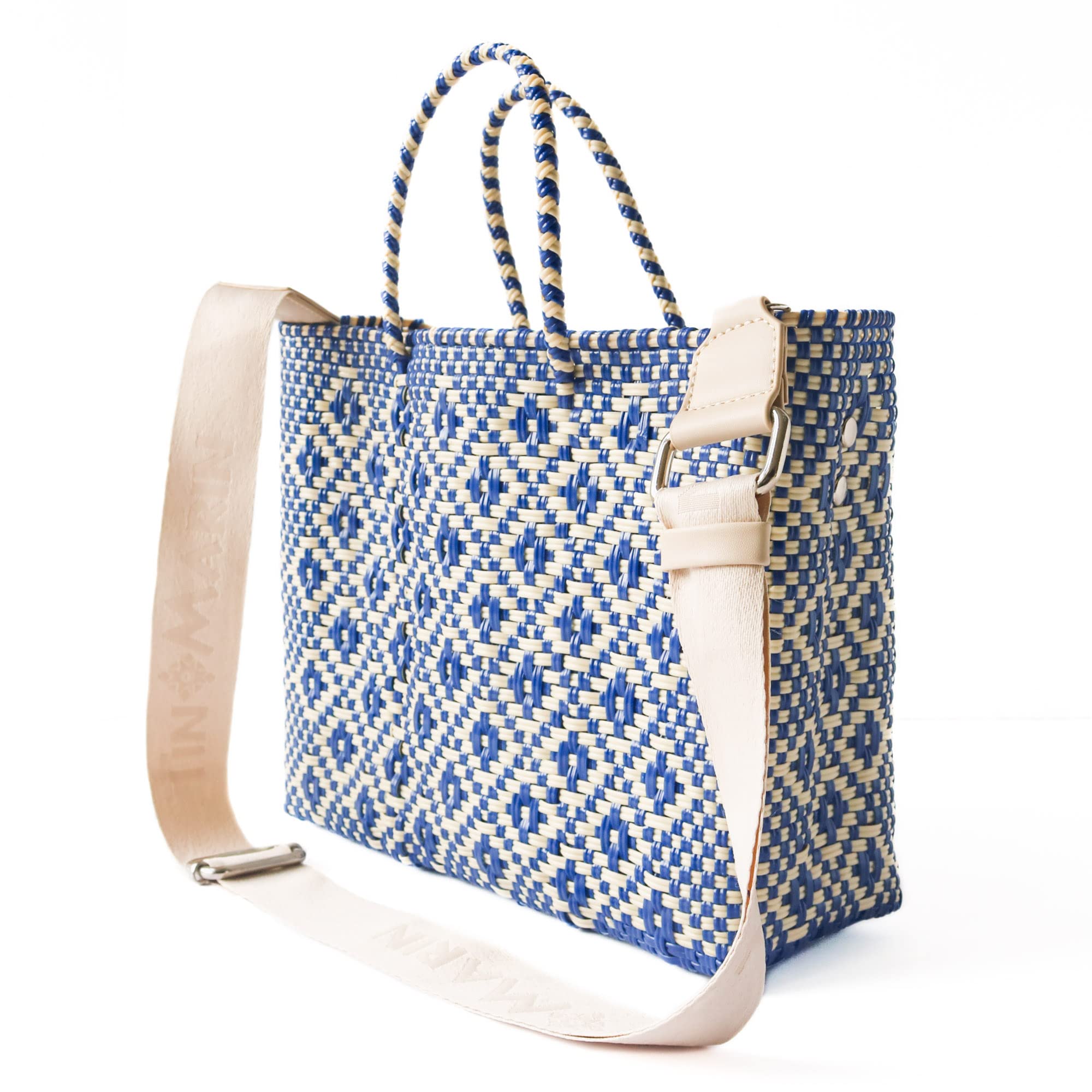 Eco-Friendly Blue & Beige Woven Crossbody Bag with Detachable Mesh Pouch - Recycled Plastic Beach Purse, Handmade Mexican Artisan Bag for Women | Perfect for Vacation, Travel & Summer Outings