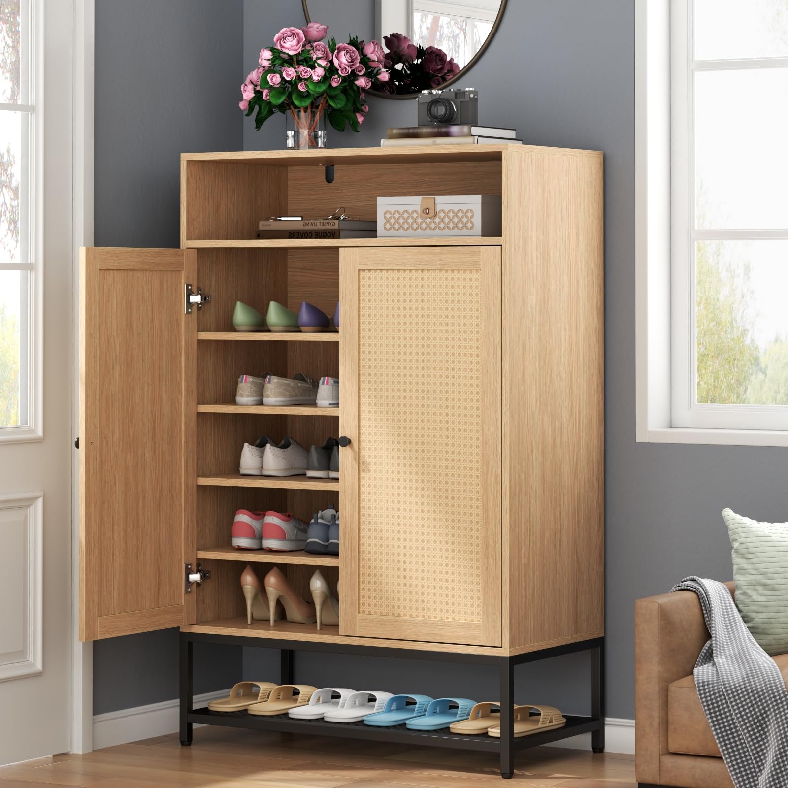7-Tier Rattan Shoe Storage Cabinet with Adjustable Shelves & Doors - Entryway Shoe Organizer for Hallway, Closet, Living Room | Perfect for Small Spaces & Home Organization