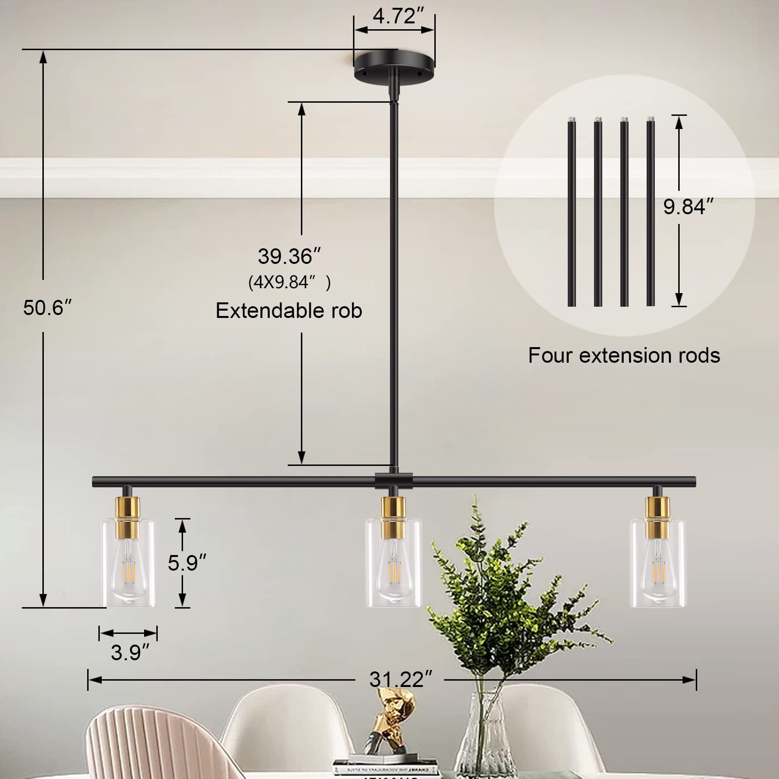 Modern 3-Light Linear Chandelier - Black & Gold Rectangle Pendant Light Fixture with Glass Shades for Kitchen Island, Dining Room & Farmhouse Decor | Perfect for Breakfast Nooks, Open Concept Kitchens & Rustic Dining Areas