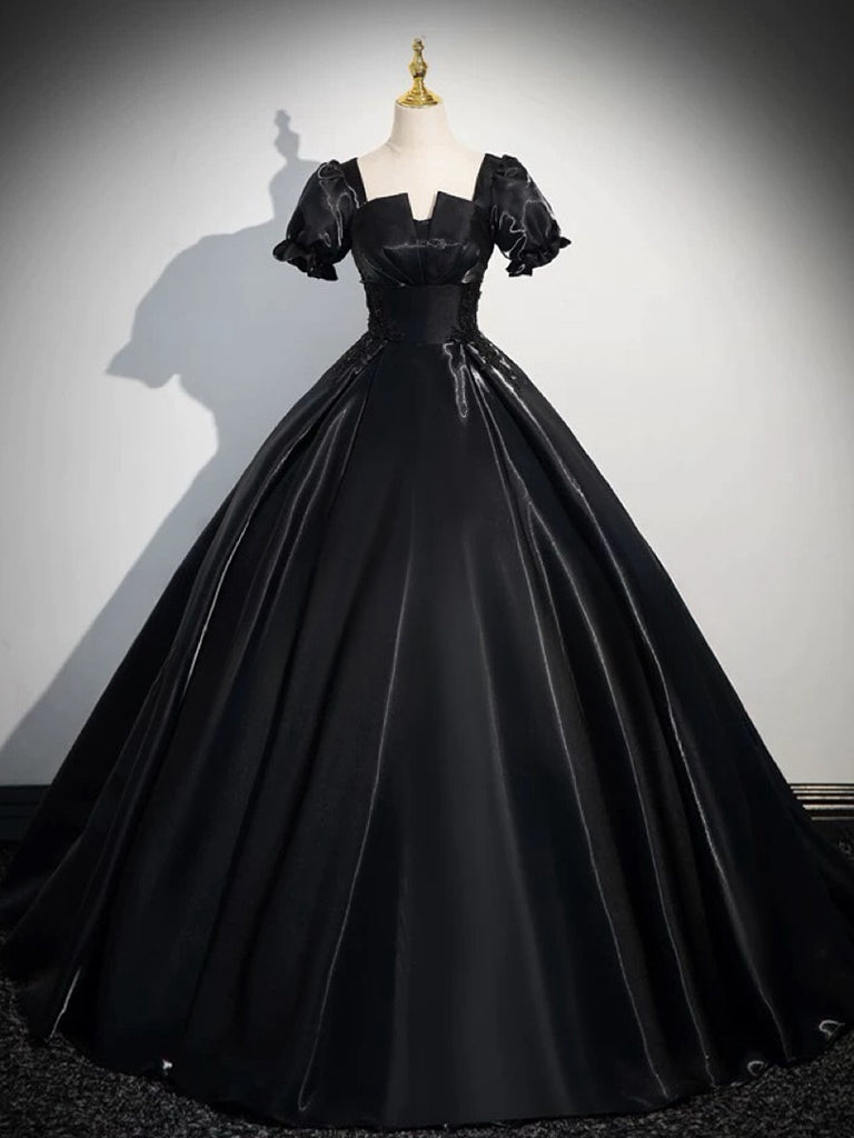 Elegant Black Satin A-Line Long Prom Dress with Short Sleeves - Perfect for Formal Dances, Evening Parties & Special Occasions