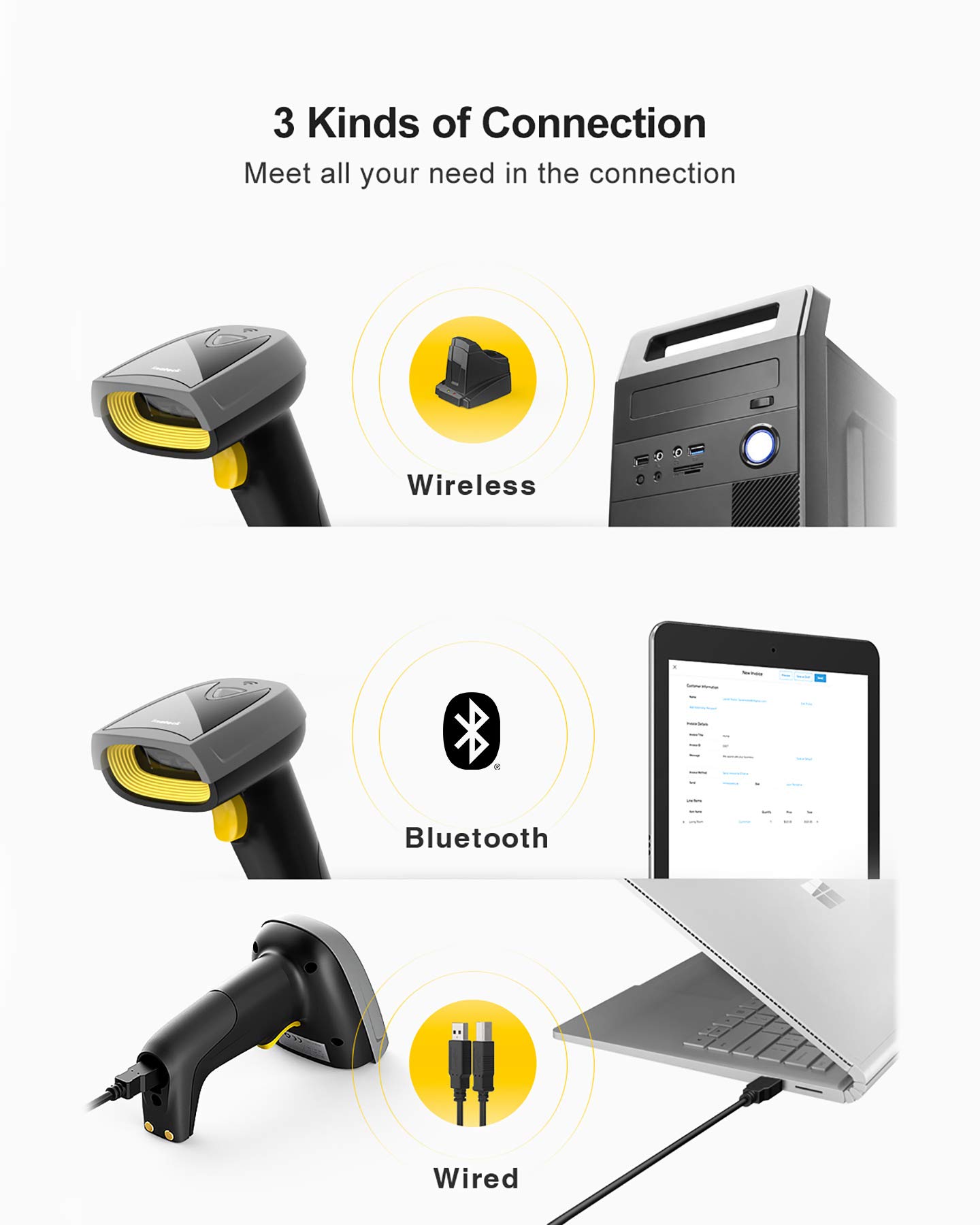 Inateck Bluetooth 2D Barcode Scanner - Wireless QR Code Reader with Smart Charging Dock, 2000mAh Battery (30 Days per Charge), Screen Scanning Support - BCST-52 - Ideal for Retail, Warehouse & Inventory Management