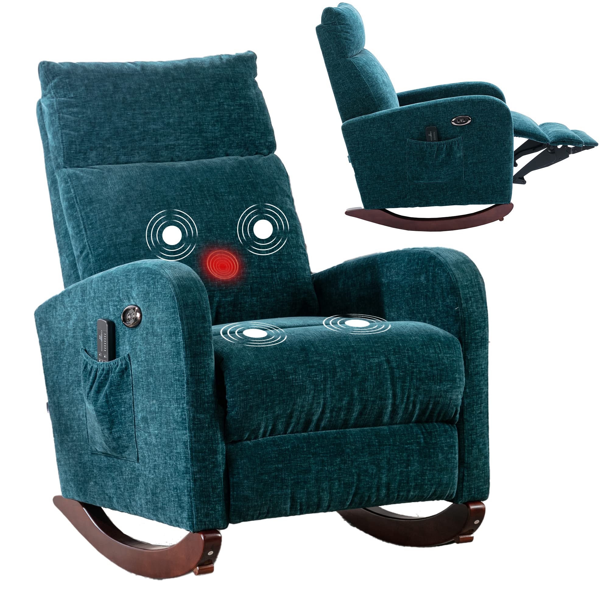 Electric Massage Recliner Chair with Heat & USB Port - Modern Glider Rocking Chair for Nursery, Living Room & Office - Upholstered Chenille Fabric Armchair with Tall Back Support - Perfect for Relaxation, Nursing & Home Decor (Teal)
