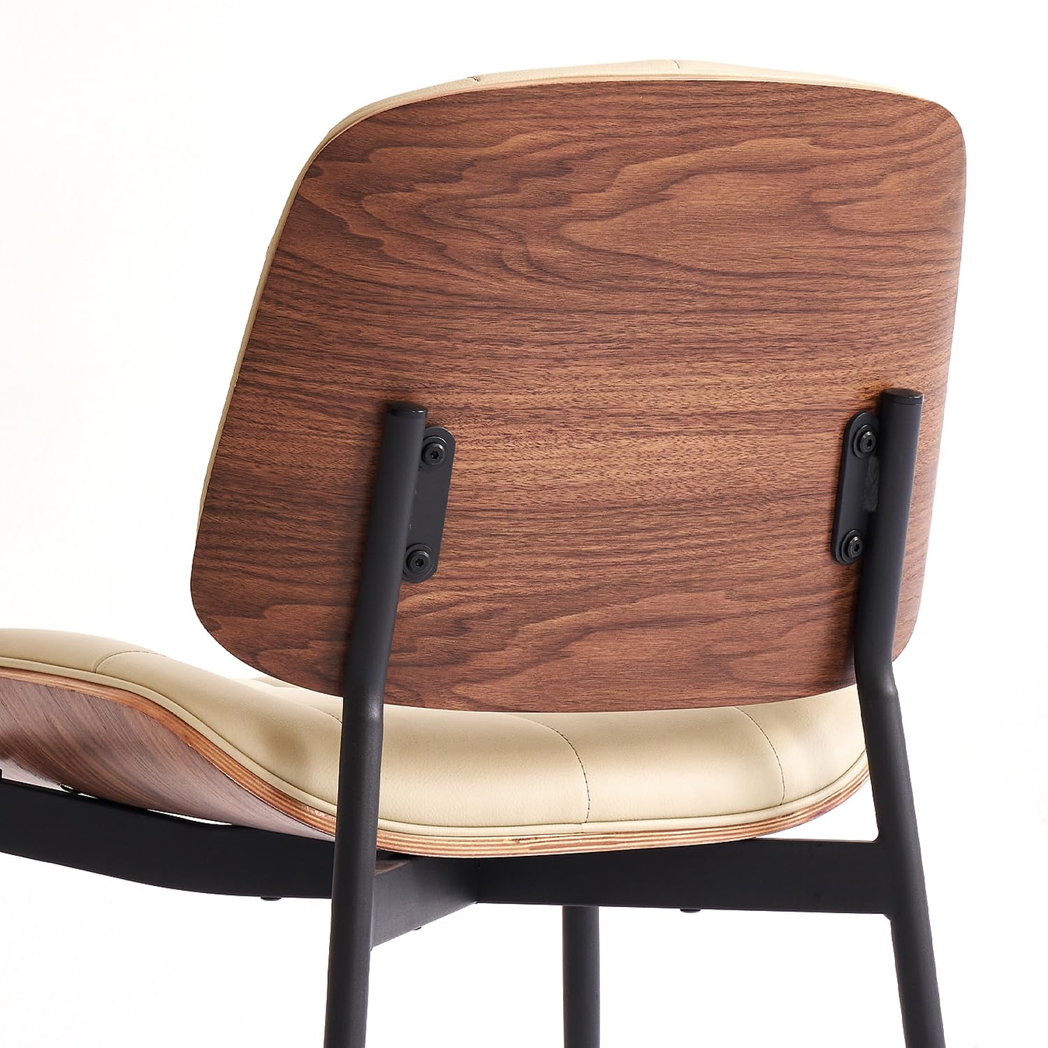 Mid Century Modern Dining Chairs Set of 4 - Walnut Grain Back, Beige Faux Leather Upholstery, Checkered Soft Cushion & Adjustable Foot Pads - Elegant Kitchen & Dining Room Chairs for Home, Restaurant or Cafe