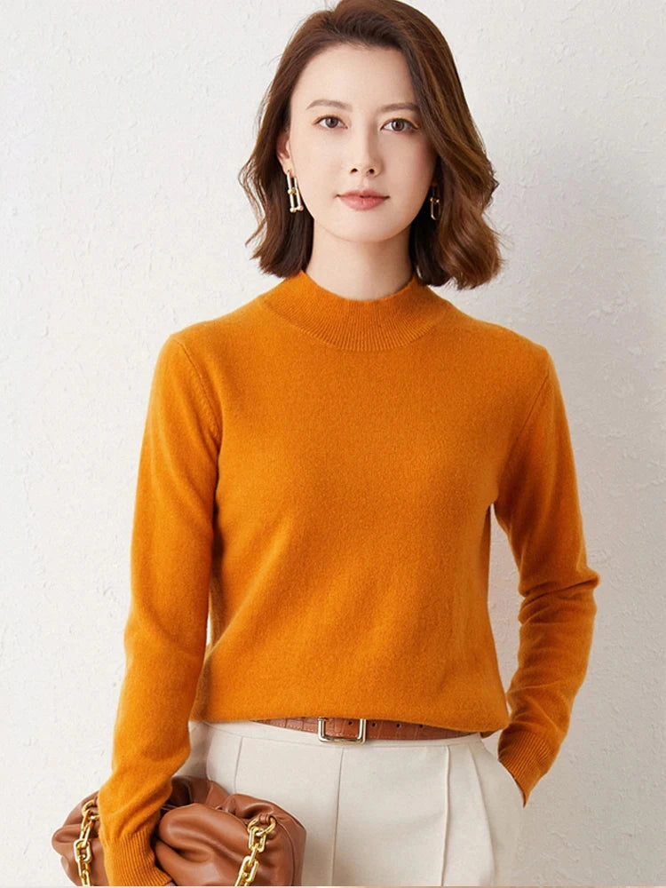 Premium Solid Half High Collar Cashmere Sweater for Women - Soft & Warm Winter Pullover - Perfect for Office, Dating & Holiday Outfits