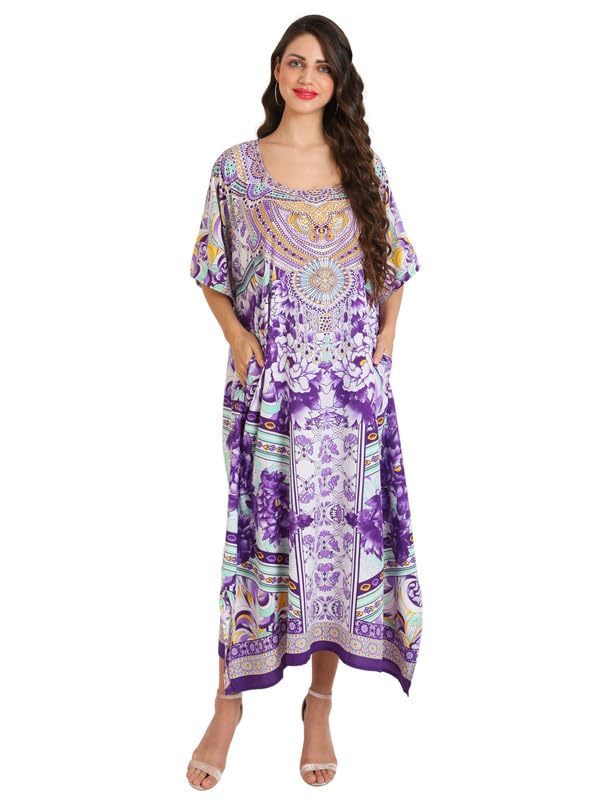 Miss Lavish London Women's Floral Kaftan Tunic Kimono Maxi Dress - Summer Beach Cover Up, Plus Size Boho Dress for Vacation, Pool Party & Resort Wear