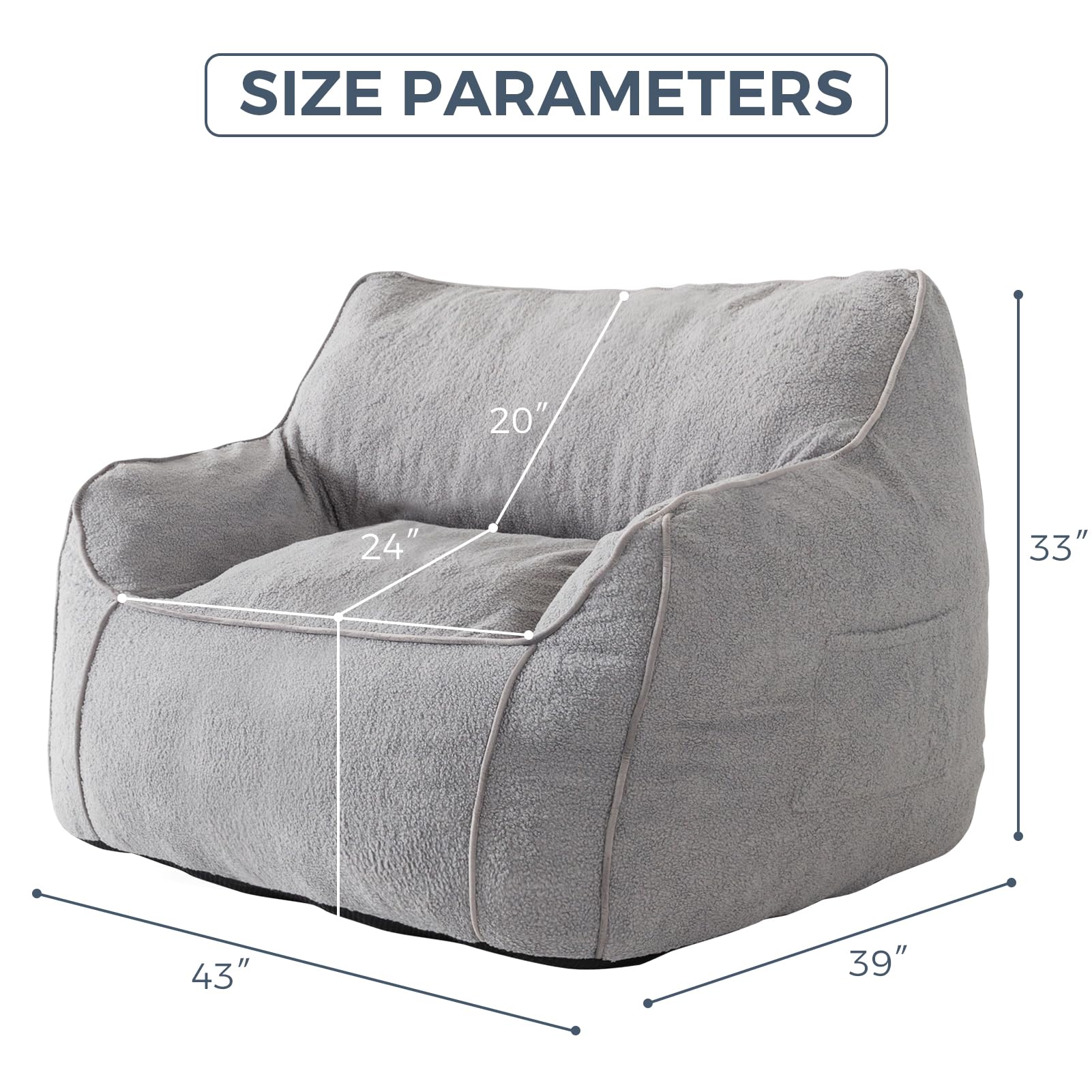 MAXYOYO Giant Bean Bag Chair for Adults - Large Fluffy Bean Bag Couch with Decorative Edges, Grey - Perfect for Living Room, Bedroom, Game Room & Dorm Relaxation