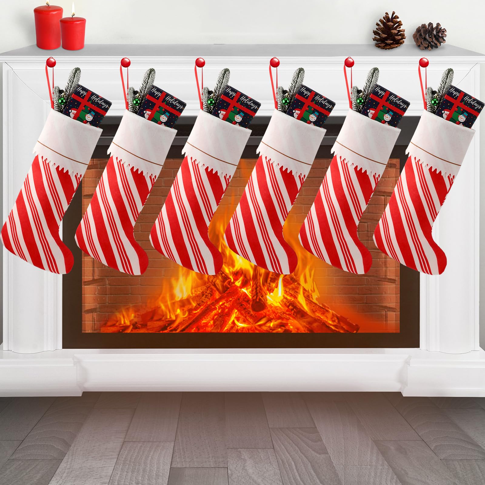 Syhood 6-Piece 18-Inch Christmas Stockings Set - Large Felt Santa & Candy Cane Holiday Stockings for Fireplace Decor, Xmas Tree Ornaments, and Festive Party Decorations | Perfect for Christmas Home Decor, Gift Exchange & Holiday Celebrations