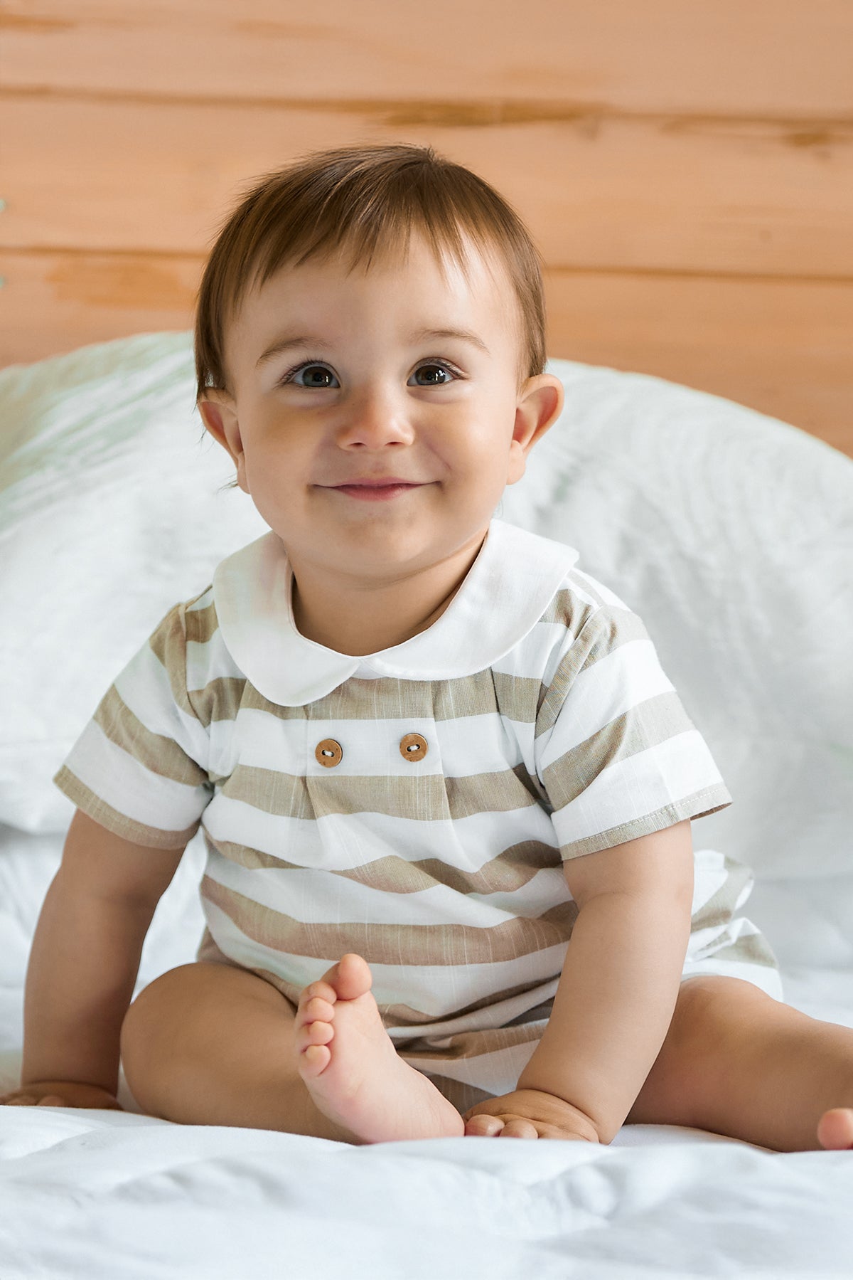 Zachary Beige Striped Romper for Baby Boys & Girls | Soft Cotton Jumpsuit with Adjustable Straps | Perfect for Summer Outfits, Photoshoots & Playdates