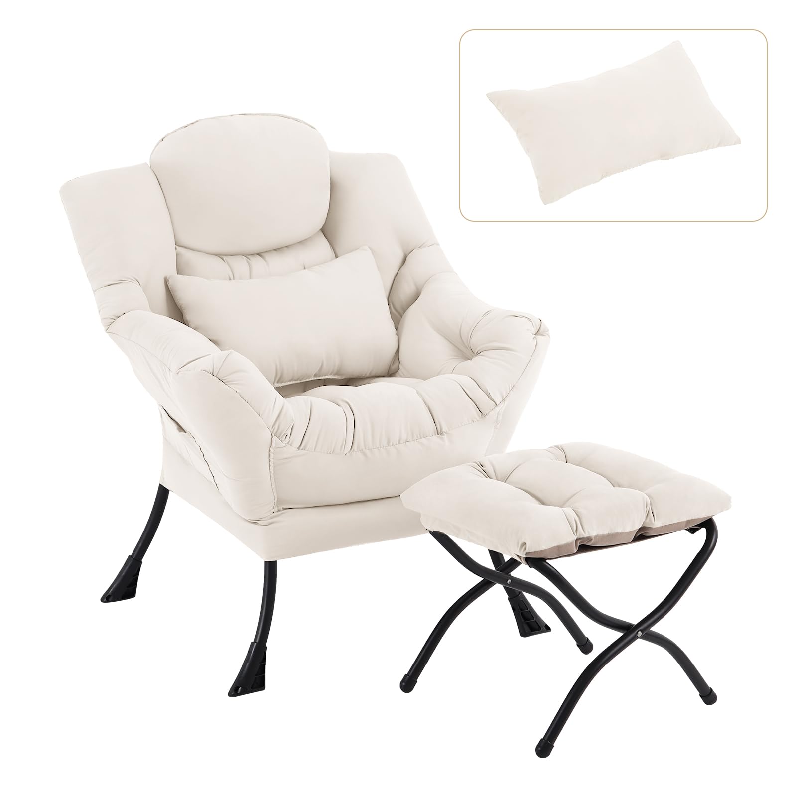 Modern Velvet Beige Lazy Chair with Ottoman - Oversized Supportive Lounge Chair with Lumbar Pillow & Folding Footrest - Perfect for Bedroom, Living Room, Reading Nook & Relaxation