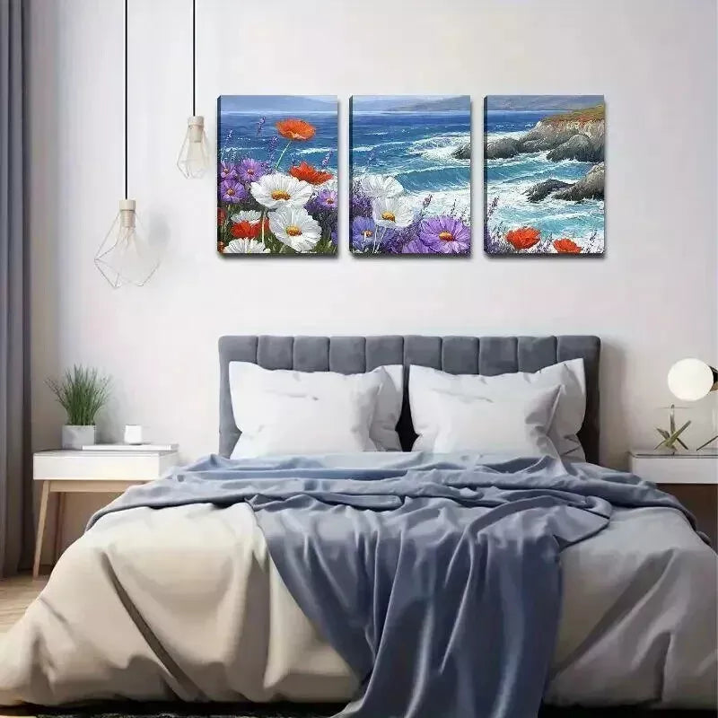 3-Piece Colorful Flowers & Sea Oil Painting Wall Art Set - Framed Canvas 50x70cm - High Quality Print - 100% Australian Made - Ready to Hang - Perfect for Living Room, Bedroom & Office Decor