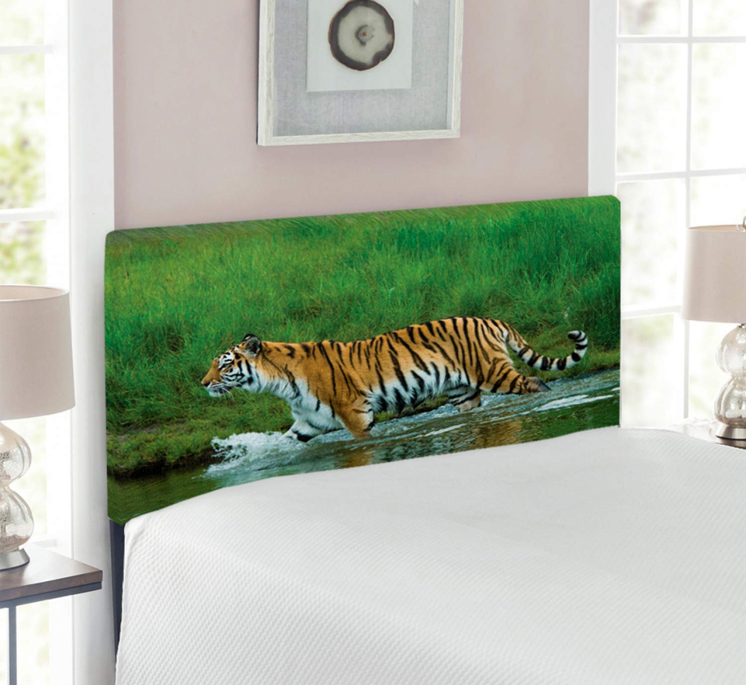 Ambesonne Savannah Upholstered Headboard - Siberian Tiger Panther Tigris Altaica Wildlife Design, Memory Foam Cushioned Metal Bed Frame for Twin Size Bed, Apricot Green - Perfect for Jungle Themed Bedrooms, Wildlife Lovers' Home Decor & Cozy Bedroom Makeovers
