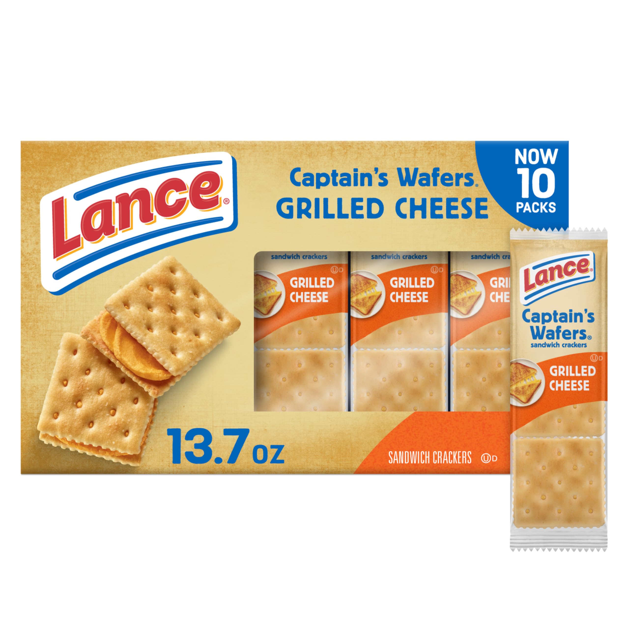 Lance Sandwich Crackers - Captain's Wafer Grilled Cheese Flavor (10 Packs, 6 Sandwiches Each) | Crunchy Snack for Lunch Boxes, Road Trips & Office Breaks
