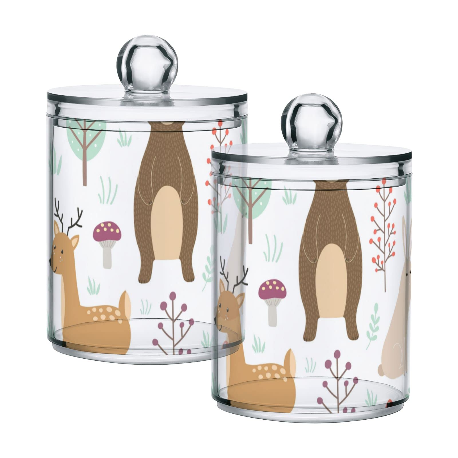 Reindeer Bear Foxes Forest White Pattern Plastic Storage Jars with Lids - Set of 2 (10 oz) | Translucent Food Containers for Tea, Cookies, Cotton Swabs | Perfect for Kitchen Pantry, Bathroom Organization & DIY Canning Supplies