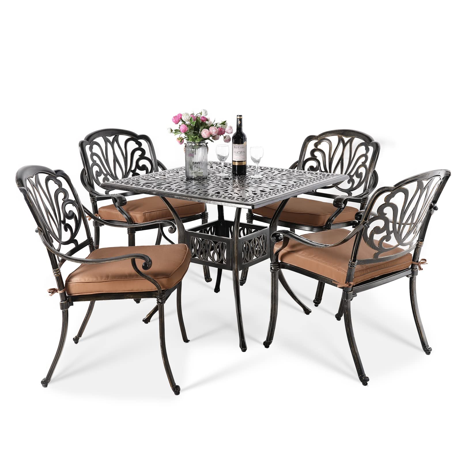 VIVIJASON 5-Piece Outdoor Patio Dining Set - All-Weather Cast Aluminum Conversation Set with 4 Cushioned Chairs & 35.4
