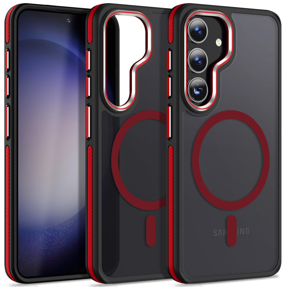 Magnetic Case for Samsung Galaxy S24+ Plus 5G - Magsafe Compatible, Military Grade Drop Protection, Anti-Slip Soft TPU Edge Phone Cover (Black/Red) - Perfect for Work, Travel & Outdoor Activities