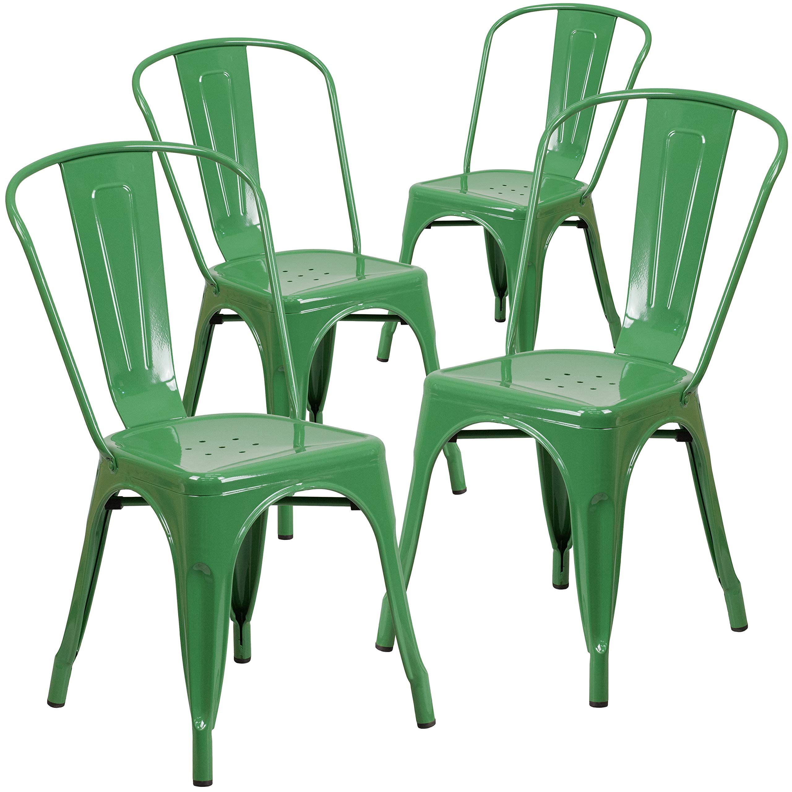 4 Pack Green Metal Stackable Chairs for Indoor & Outdoor Use - Durable Bistro & Restaurant Chairs for Patio, Cafe, Dining Room & Garden
