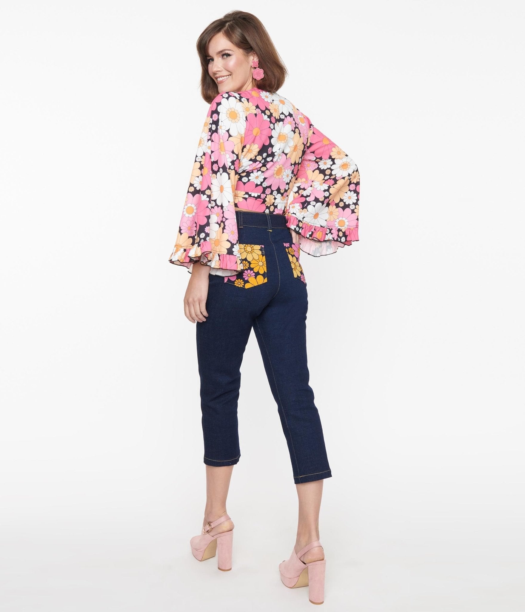 Smak Parlour Women's Dark Blue Floral Pocket Denim Capris - Casual Stretch Skinny Jeans for Spring & Summer Outfits
