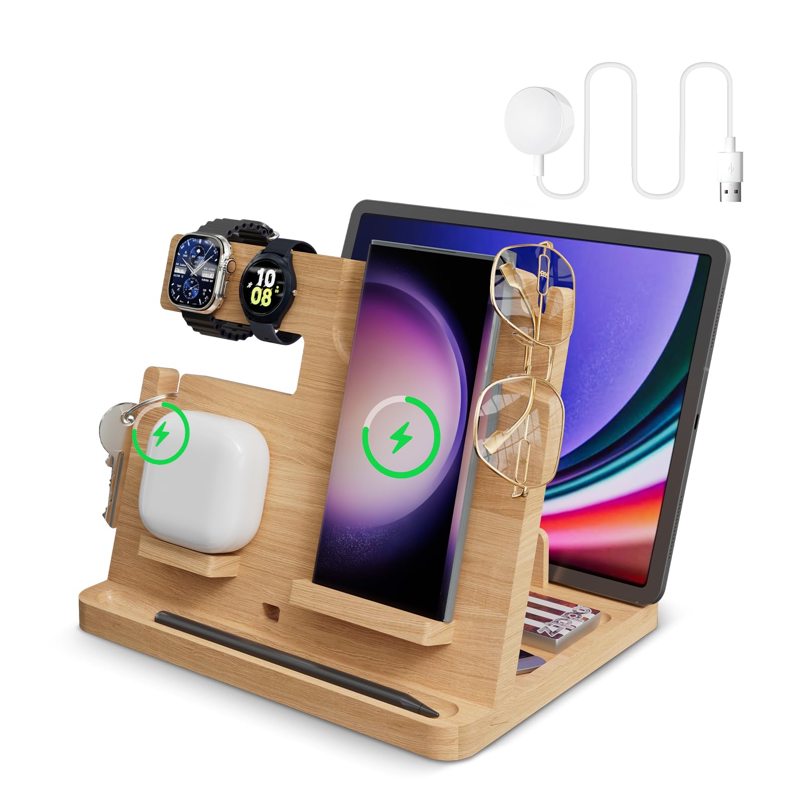 Bamboo Wireless Charger Stand for Samsung Galaxy Z Flip Fold 4 S24 S23 Ultra S22 S21 S20 - 3-in-1 Fast Charging Station for Phone, Earbuds & Galaxy Watch 5/4/3 | Eco-Friendly Bamboo Organizer | Perfect Gift for Tech Lovers | Home Office Desk Accessory