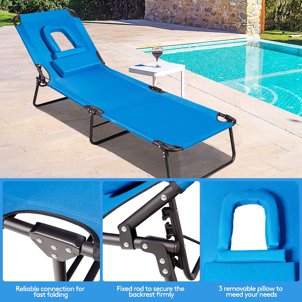 Giantex Adjustable Reclining Beach Lounge Chair with Face Hole - 3 Position Folding Patio Chaise for Sunbathing, Outdoor Relaxation, Poolside & Backyard Use - Lightweight Lawn Chair (Navy Blue)