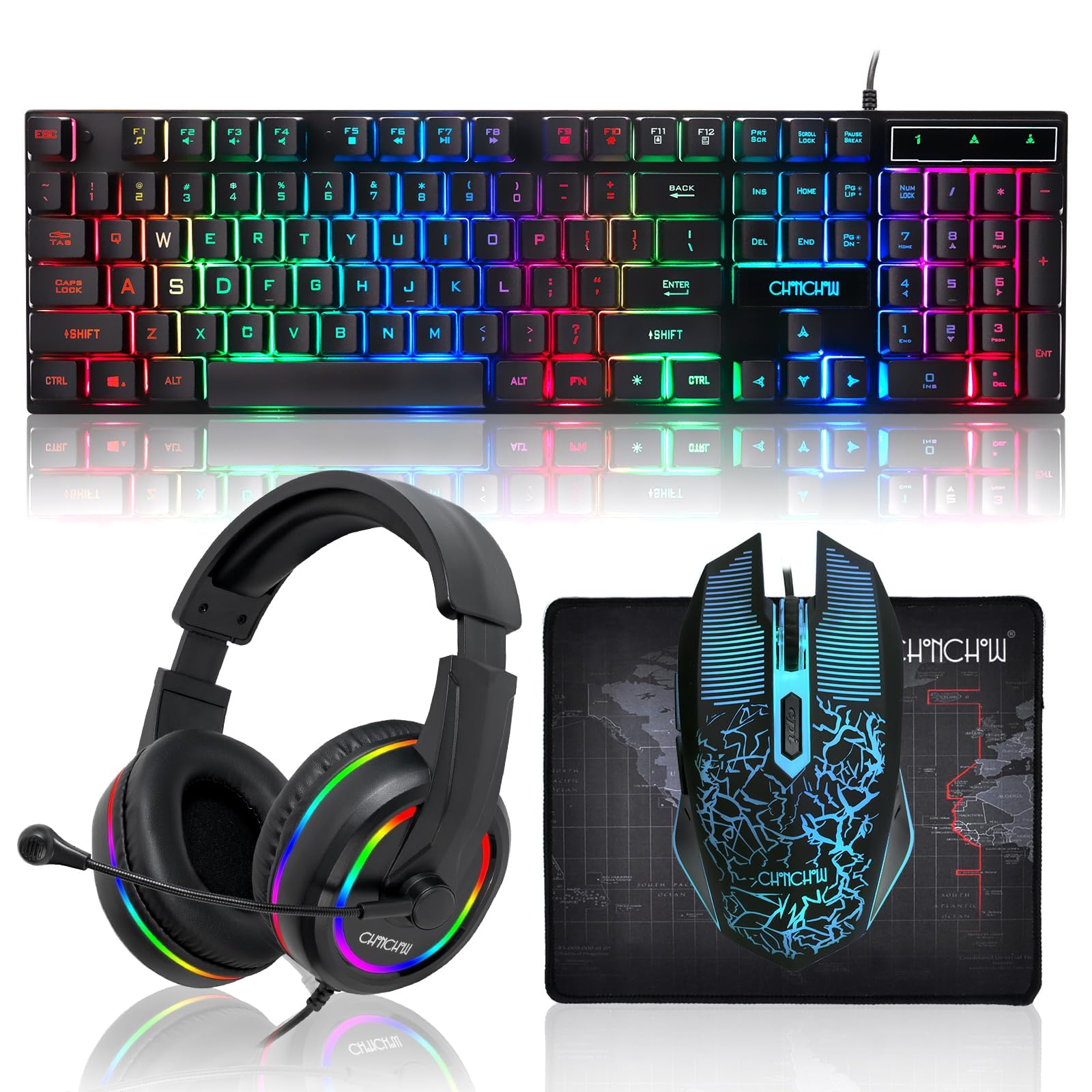 CHONCHOW RGB Gaming Keyboard, Mouse, Headset & Mousepad Combo - Wired Backlit Gaming Bundle for PC, PS4, PS5, Xbox - Perfect for Esports, Streaming & Professional Gaming Setup