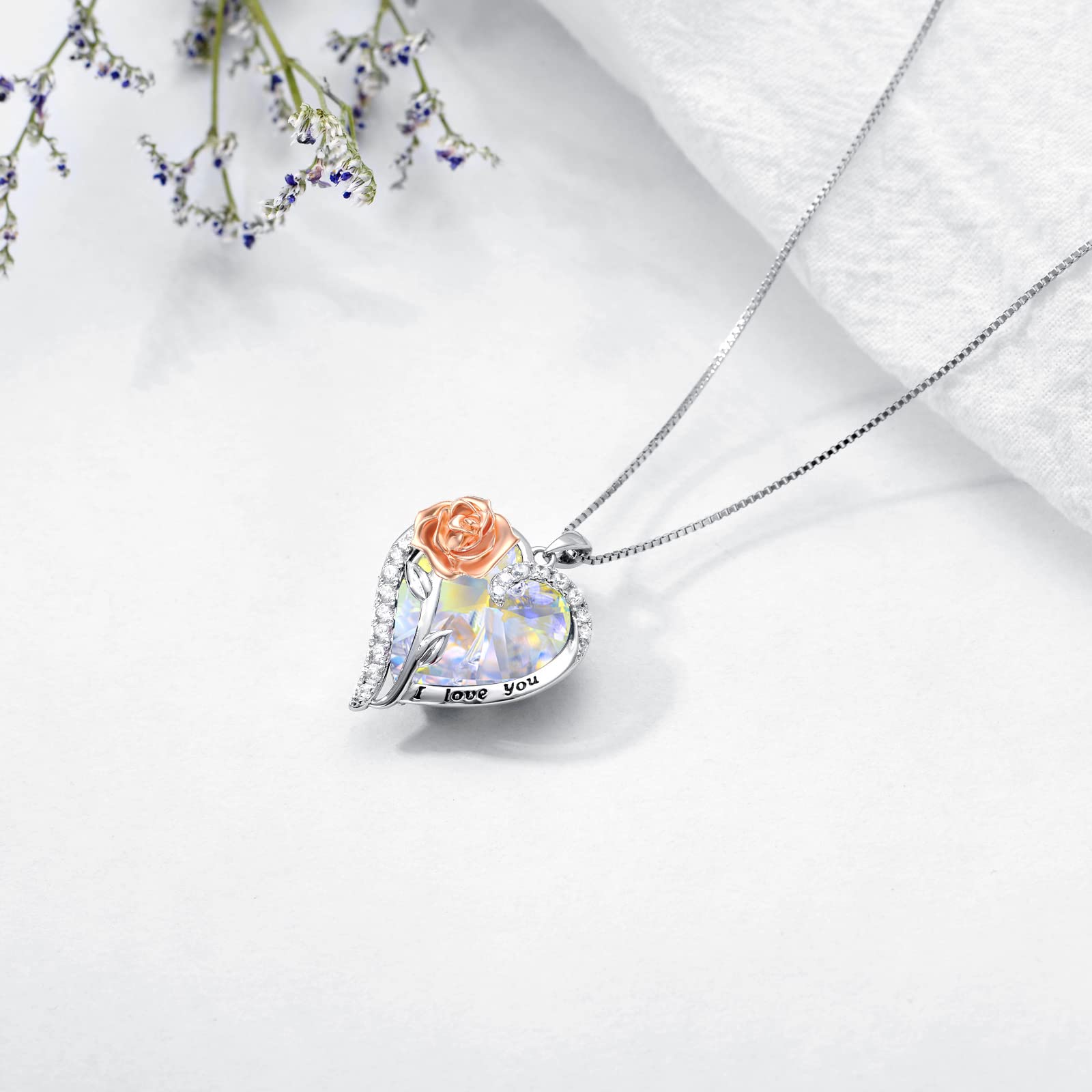 TOUPOP Sterling Silver Rose Crystal Pendant Necklace - 925 Silver Heart Birthstone Jewelry for Women, Valentine's Day Gifts for Her, Wife, Girlfriend, Mom | Perfect for Anniversary, Birthday & Romantic Occasions