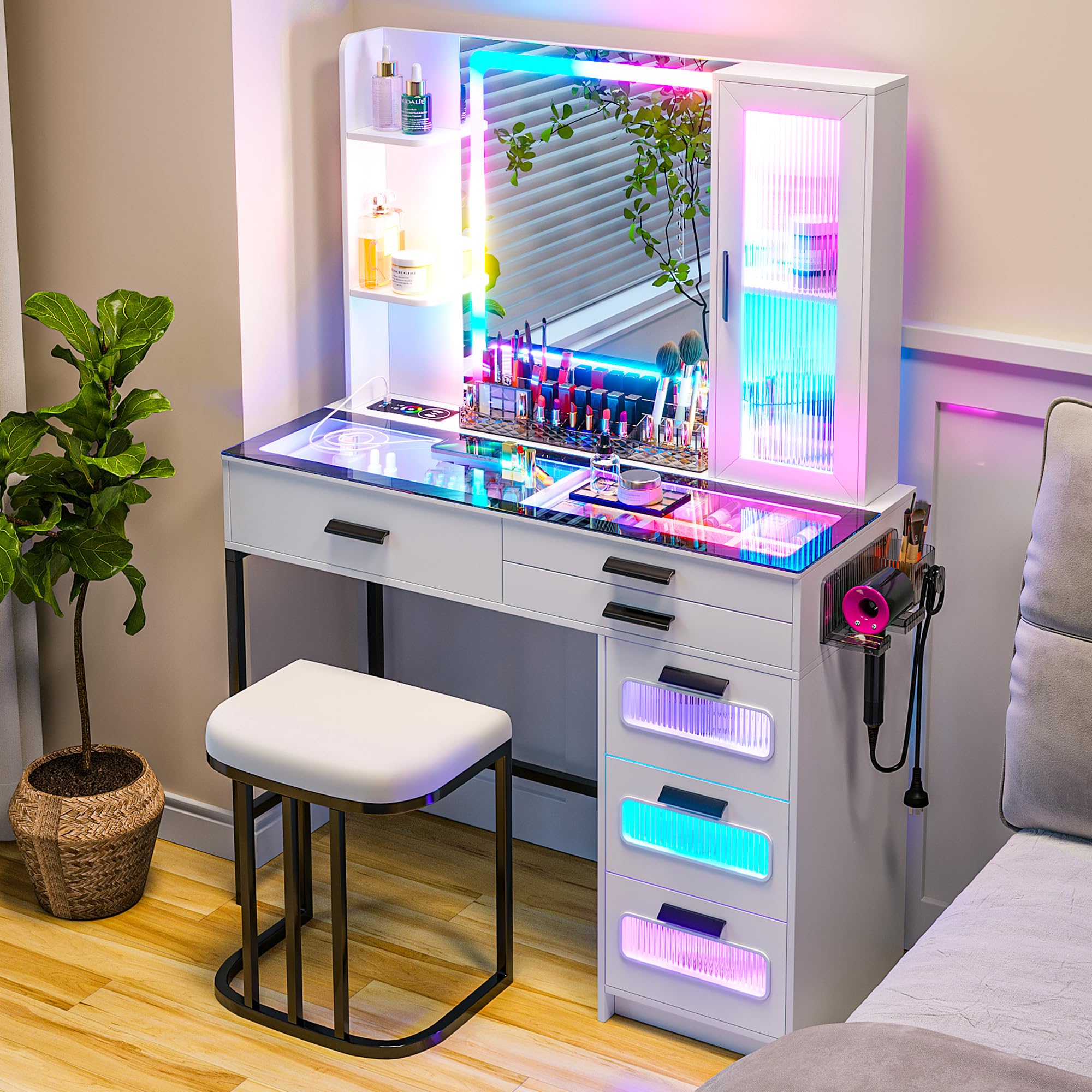 HENBC White LED Vanity Desk with Mirror, Wireless Charging Station (USB+Type-C), RGB Makeup Table Set with Stool, Organizer & 6 Drawers - Perfect for Bedroom, Dressing Room & Beauty Salon Makeup Application