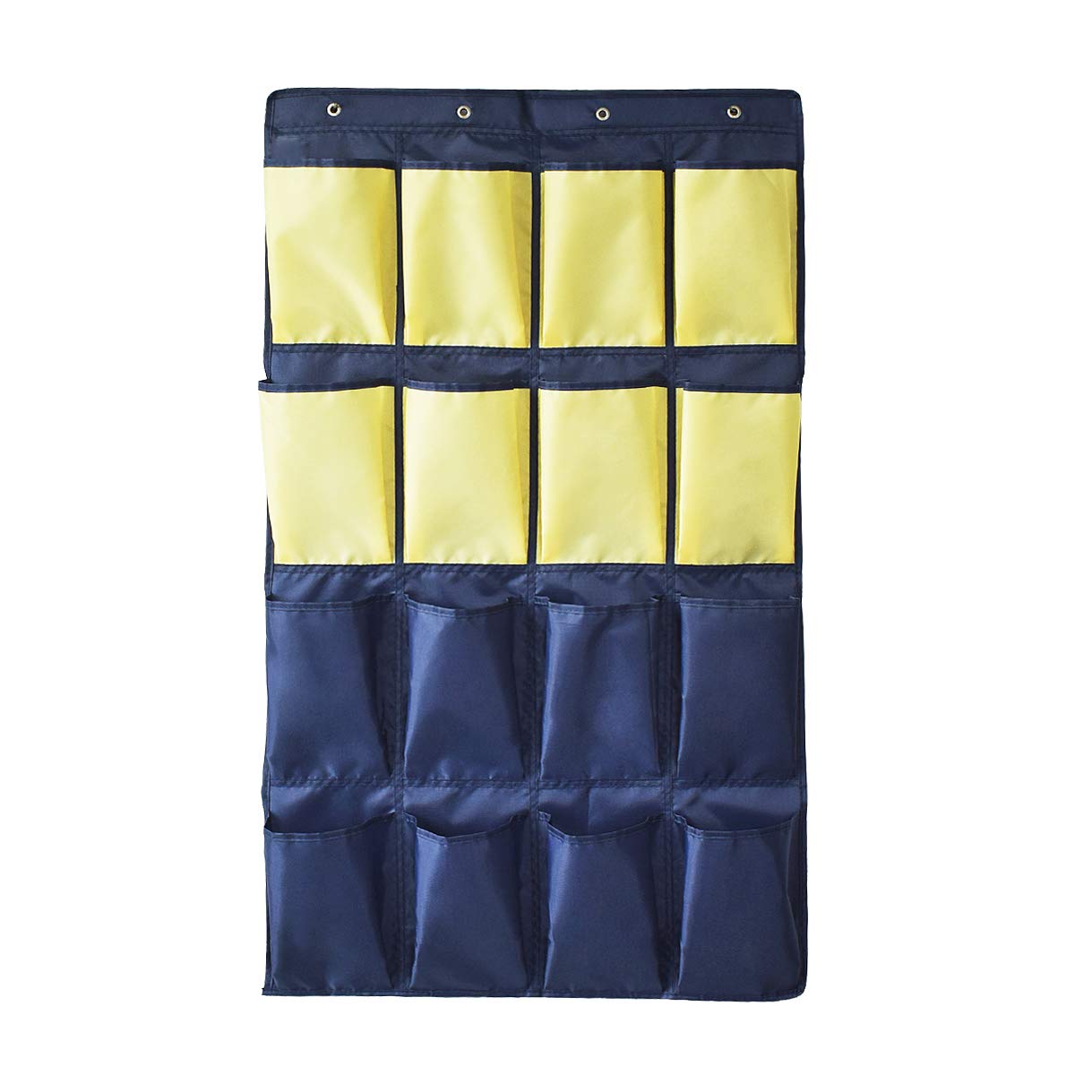 HeyToo Over The Door Shoe Organizer - 16 Large Pockets for Shoes & Accessories | Oxford Fabric Hanging Storage | Space-Saving for Narrow Closets & Walls (Navy & Yellow) | Perfect for Bedrooms, Entryways & Dorm Rooms