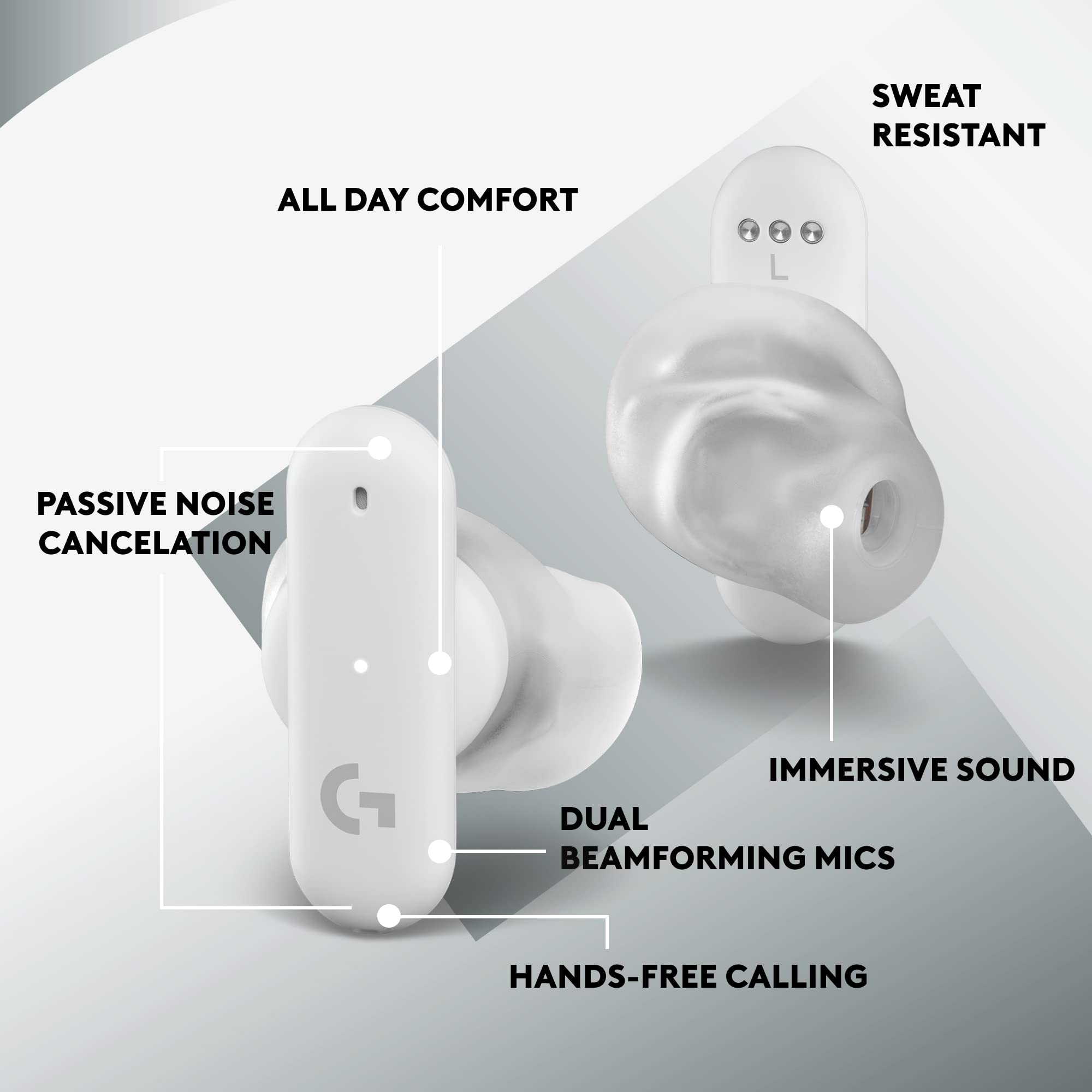 Logitech G FITS True Wireless Gaming Earbuds with Custom Moulded Fit - LIGHTSPEED & Bluetooth Connectivity, 4 Beamforming Mics for PC, Mac, PS5, PS4, Mobile & Nintendo Switch (White) - Perfect for Competitive Gaming, Streaming & Mobile Entertainment