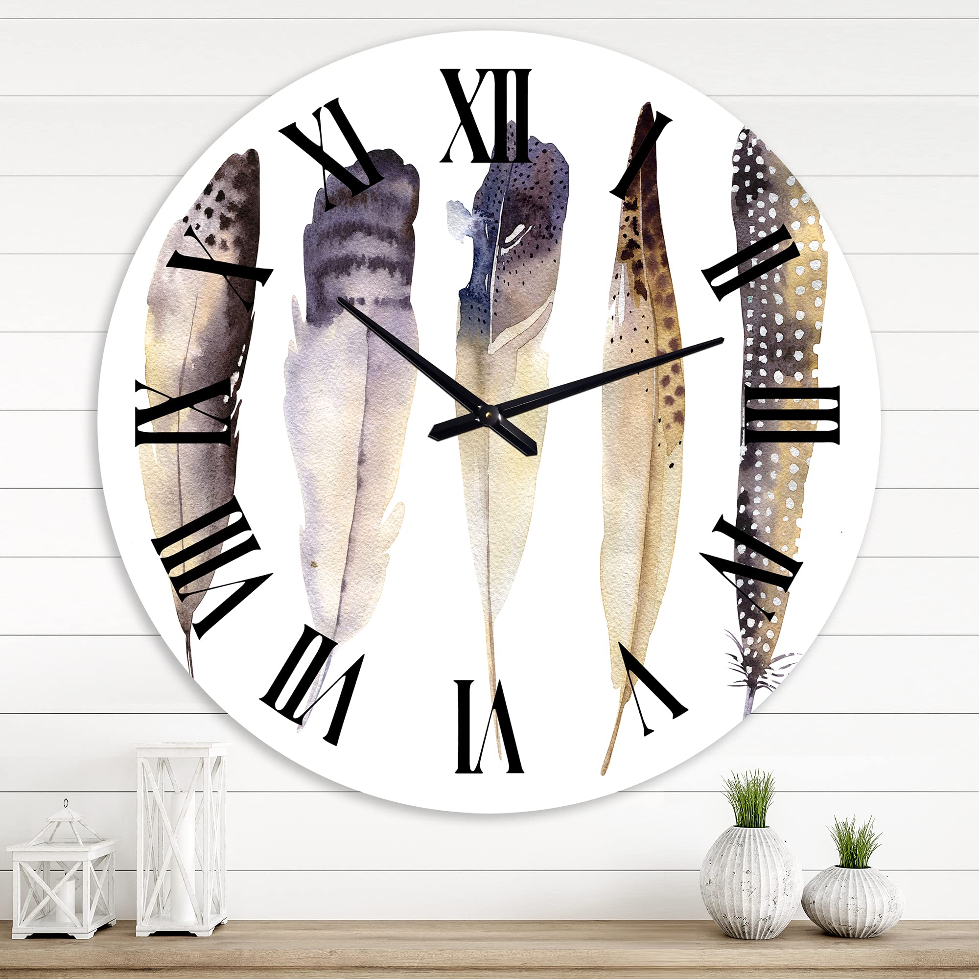Bohemian Feather Wall Clock - Large Dark Gray Ethnic Design for Bedroom, Living Room & Office Decor | Unique Animal-Themed Home Wall Art