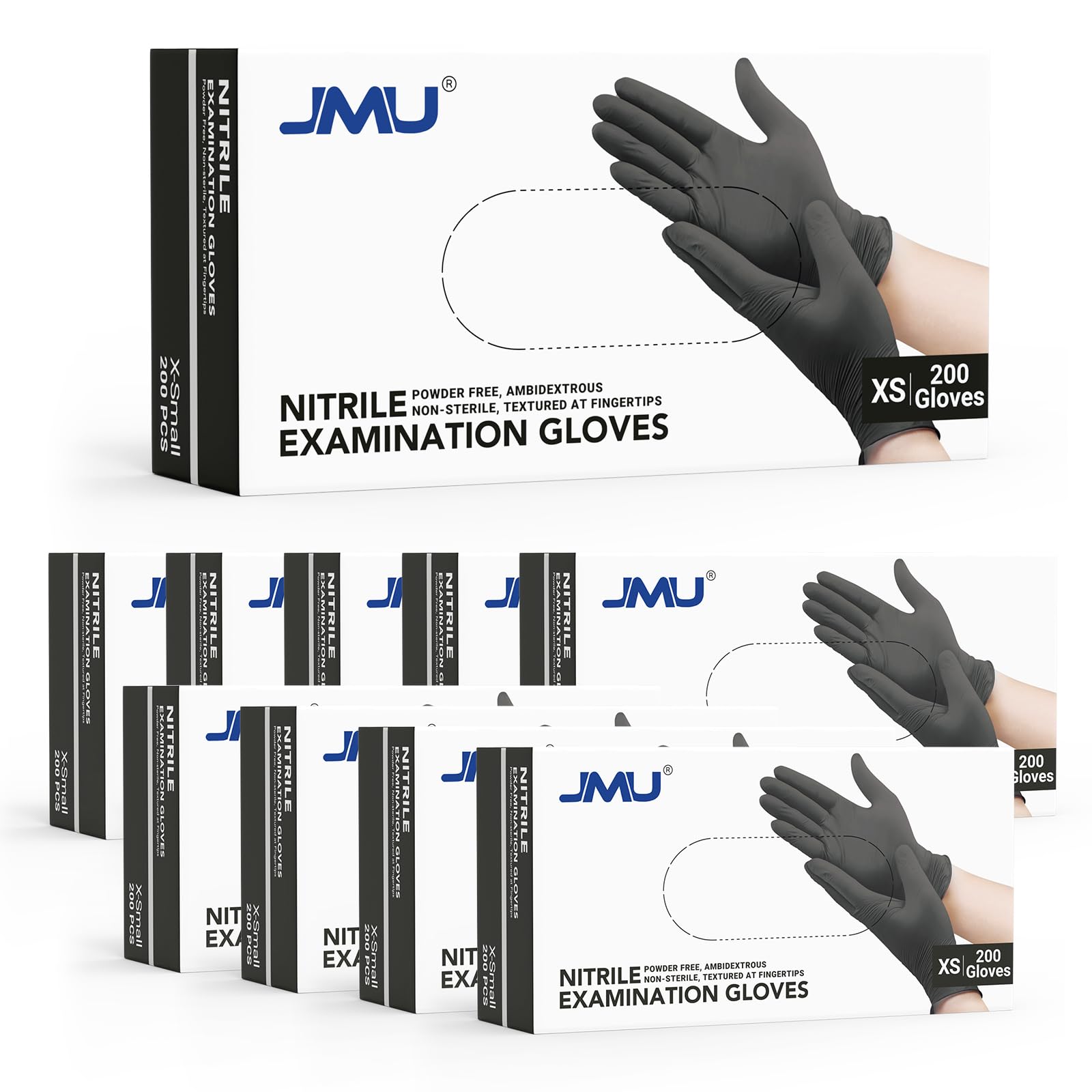 JMU Black Nitrile Gloves - 2000 Count, 3.5Mil XS Size, Latex Free & Powder Free Disposable Gloves for Medical, Cleaning, Food Handling & Tattoo Use