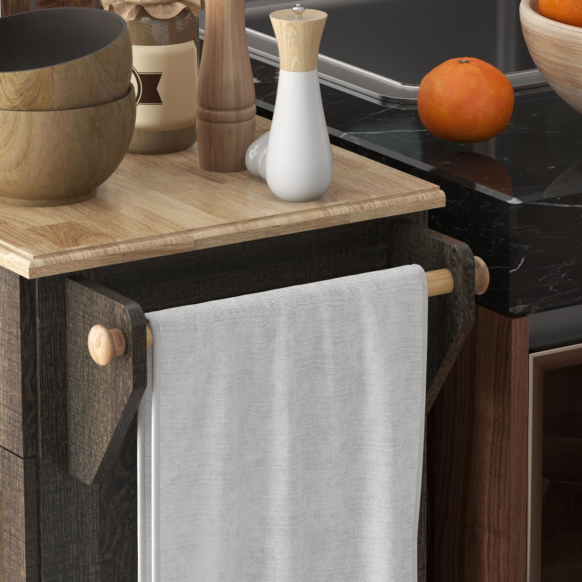 HOMCOM Triple-Cabinet Kitchen Island with Wheels - Rolling Storage Cabinet with Drawers, Wood Countertop, Towel Rack & Spice Stand - Distressed Brown Finish for Modern Farmhouse Kitchen, Dining Room or Small Space Organization
