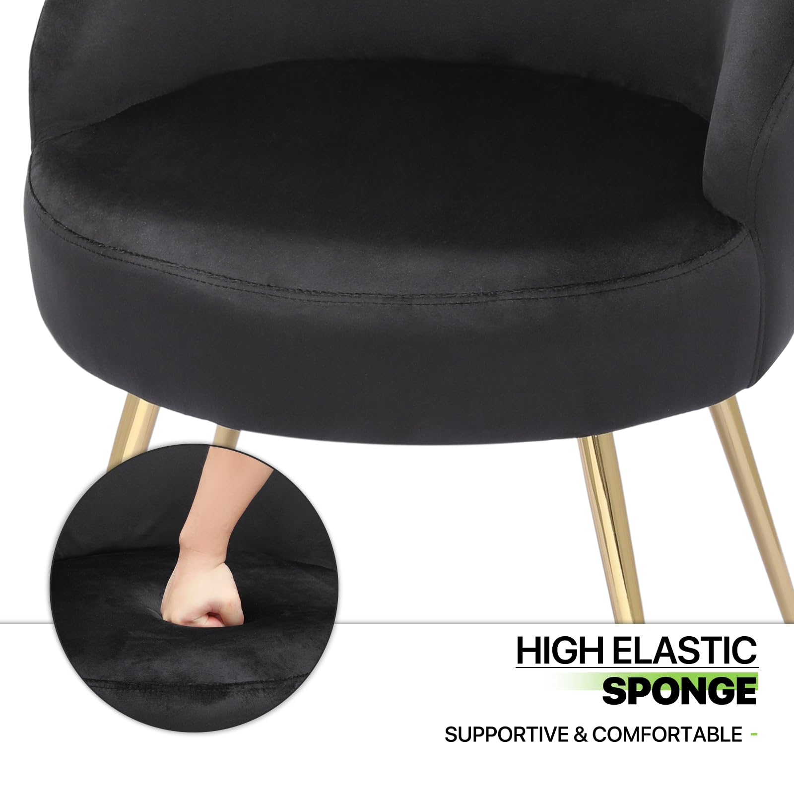 Magshion Black Velvet Vanity Chair with Metal Legs - No Wheels, Back Support Accent Chair for Bedroom, Living Room & Makeup Area - Comfy Upholstered Seat for Girls & Women (Perfect for Dressing Table, Beauty Station & Home Decor)