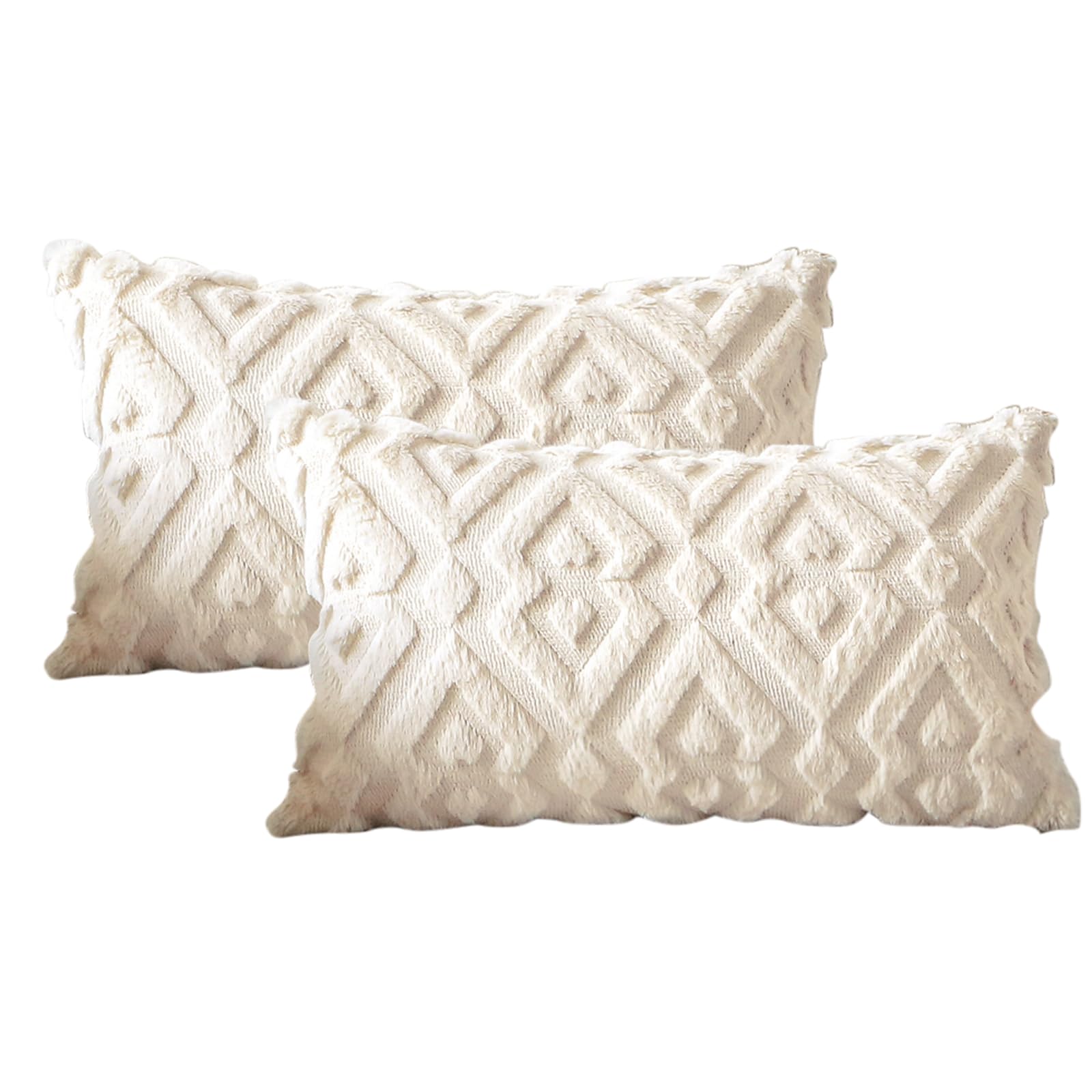 Luxury Soft Plush Short Wool Velvet Decorative Throw Pillow Covers - Pack of 2, Diamond Shape Cream Beige (12x20 Inch) - European Style Cushion Covers for Sofa, Bedroom, Living Room Decor