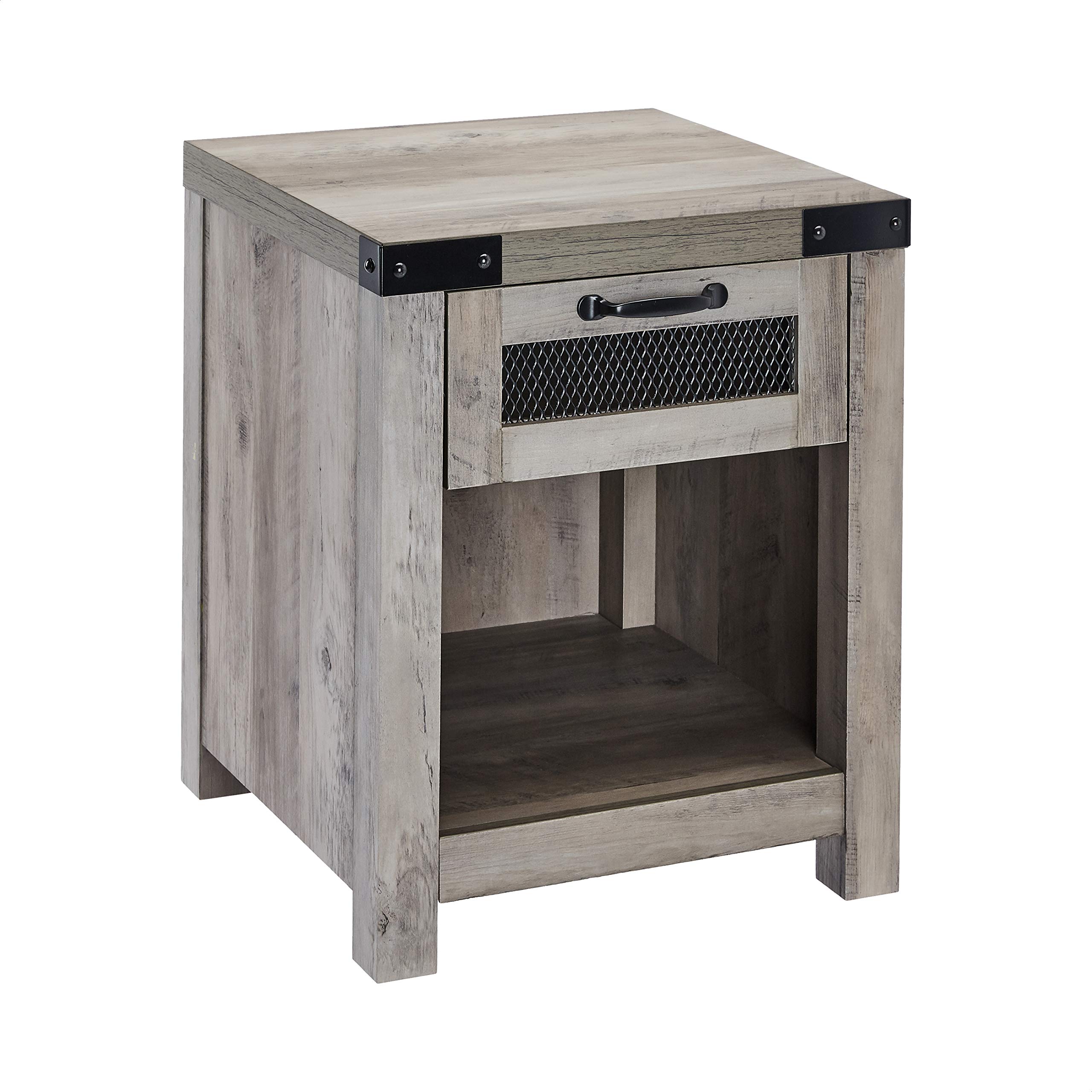 Industrial Style End Table with Drawer - Grey Wash Finish for Living Room, Bedroom, or Office Decor