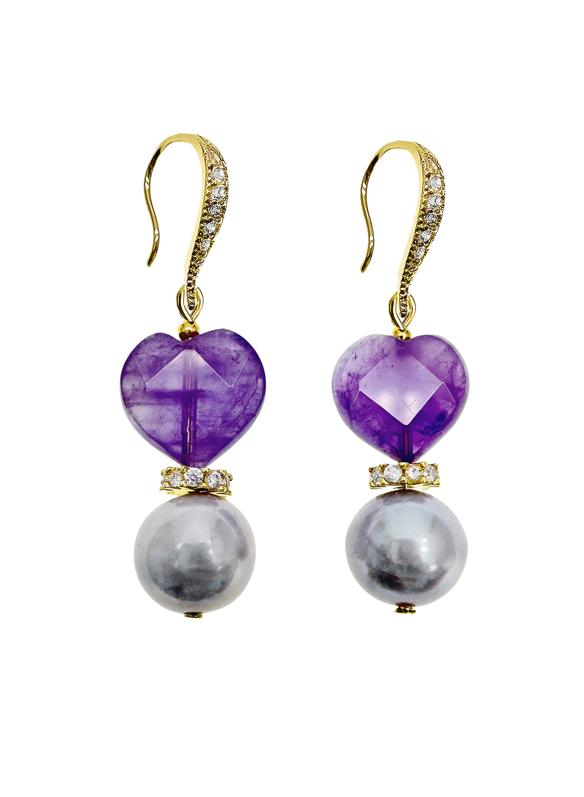 Heart Shaped Amethyst and Gray Freshwater Pearl Earrings for Women - LE010 - Elegant Dangle Earrings for Wedding, Party & Special Occasions