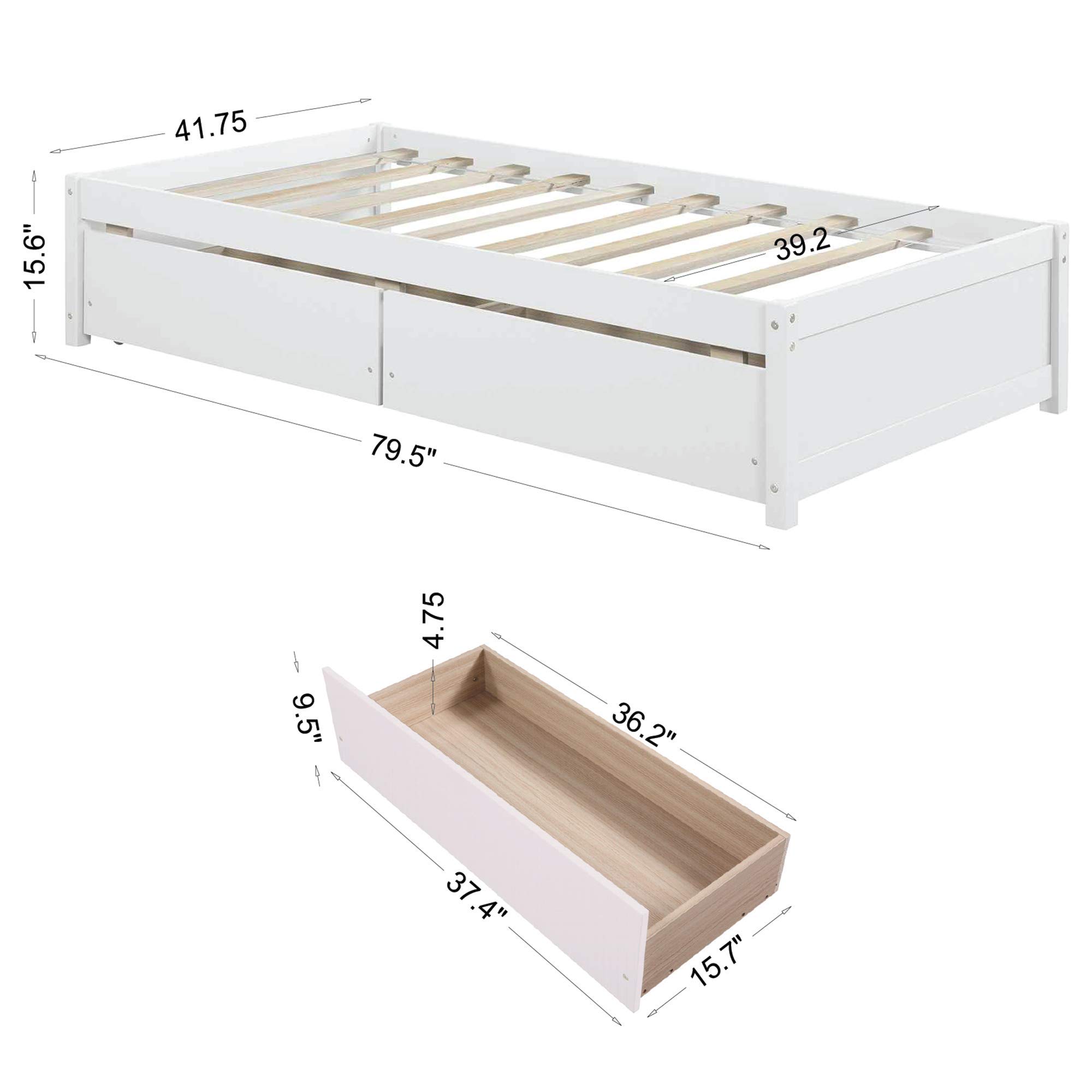 Twin Size Platform Bed Frame with Storage Drawers & Slats - Wooden Loft Captain Bed for Kids, Teens, Boys & Girls - No Headboard White - Perfect for Bedroom, Guest Room & Small Space Organization