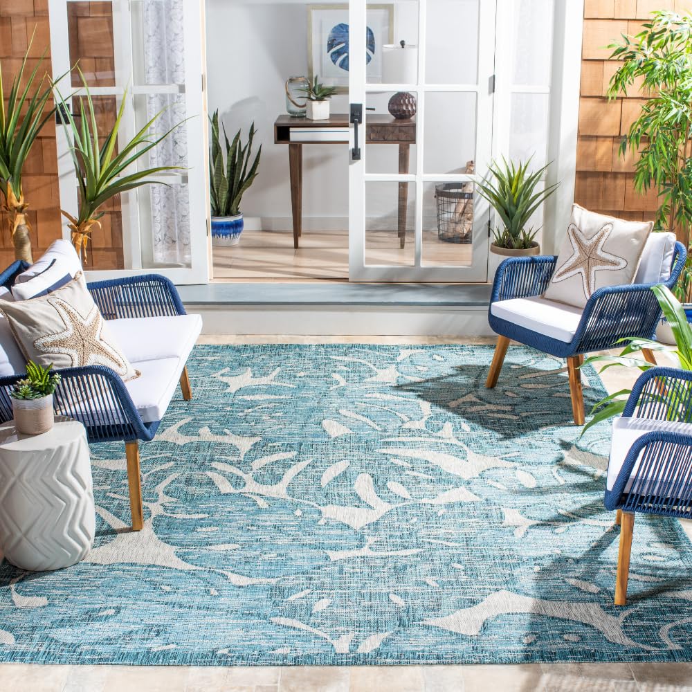 SAFAVIEH Courtyard Collection 8' x 11' Grey/Aqua Indoor Outdoor Waterproof Rug - Easy Clean, Stain Resistant Area Rug for Patio, Backyard, Mudroom, Deck & Poolside (CY8560)