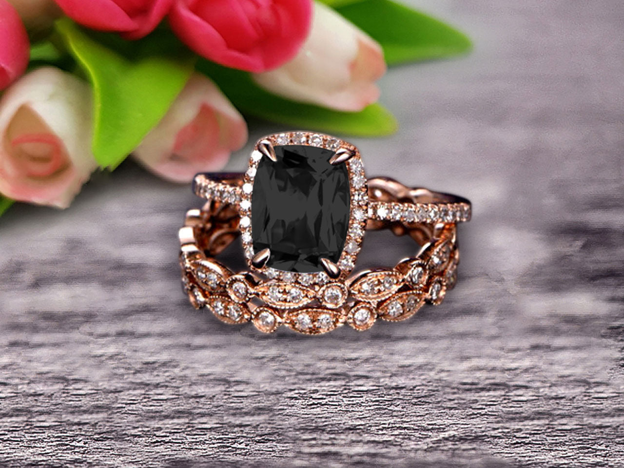 3Pcs Black Diamond Moissanite 2 Carat Trio Ring Set - 10k Rose Gold Engagement Ring, Eternity Band & Promise Ring - Art Deco Milgrain Wedding Jewelry Set for Bridal, Anniversary & Special Occasions