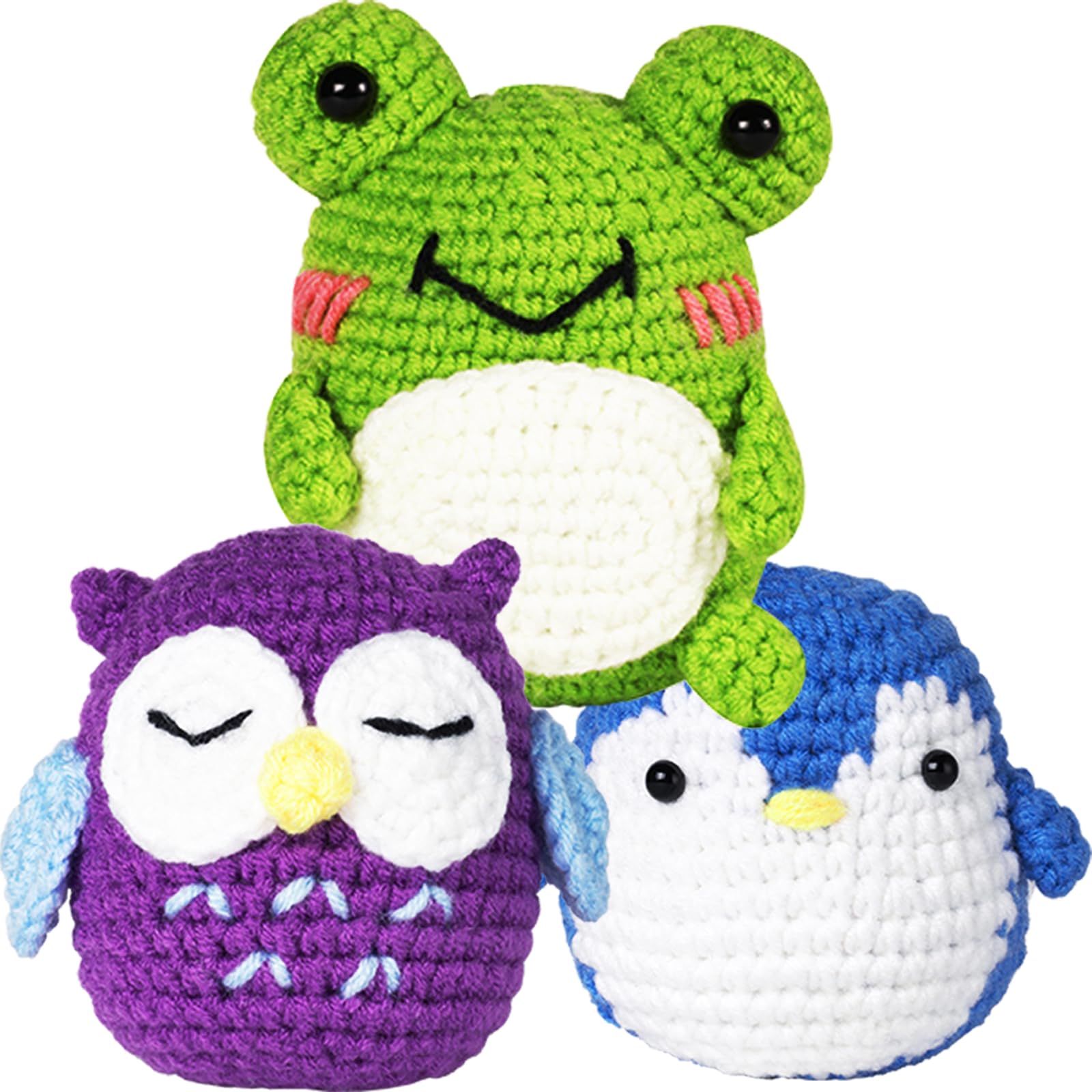 Veczom Beginner Crochet Kit - DIY Animal Crochet Set with Step-by-Step Video Tutorials, Easy Yarn & Complete Supplies for Adults (3 Pack: Owl, Penguin, Frog) - Perfect for Relaxation, Crafting Gifts & Home Decor